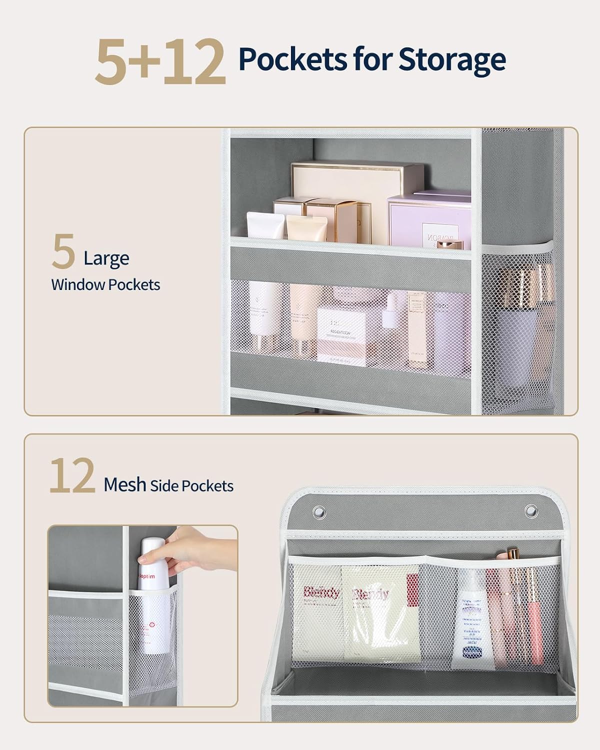 Detalle de Yecaye SDHB00303YCY 5-Tier Over-the-Door Organizer, Grey, Mesh Pockets