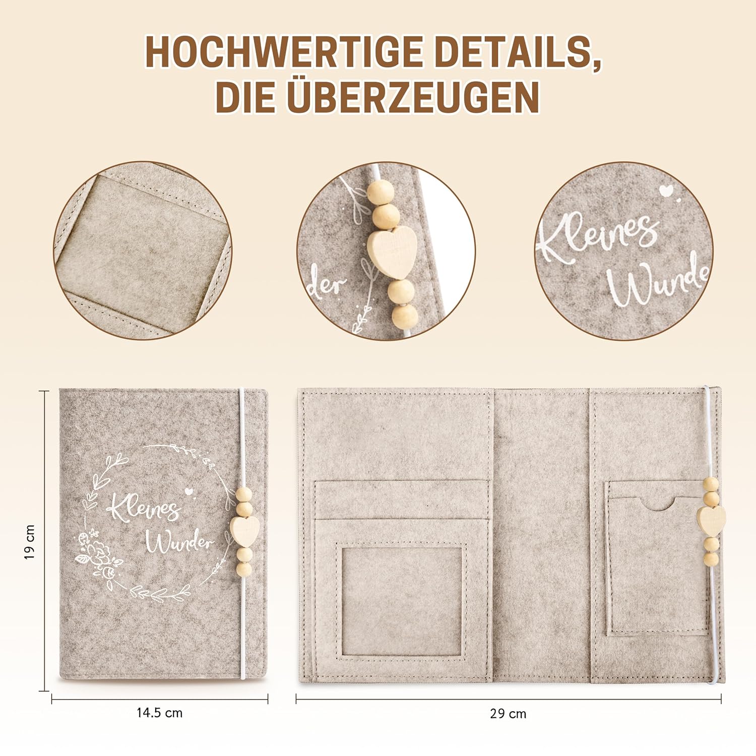 Detalle de Mutterpasshülle aus Filz für den Deutschen Mutterpass (Beige) mit Holzperlen & Holzherz – Schutzhülle mit Innenfächern