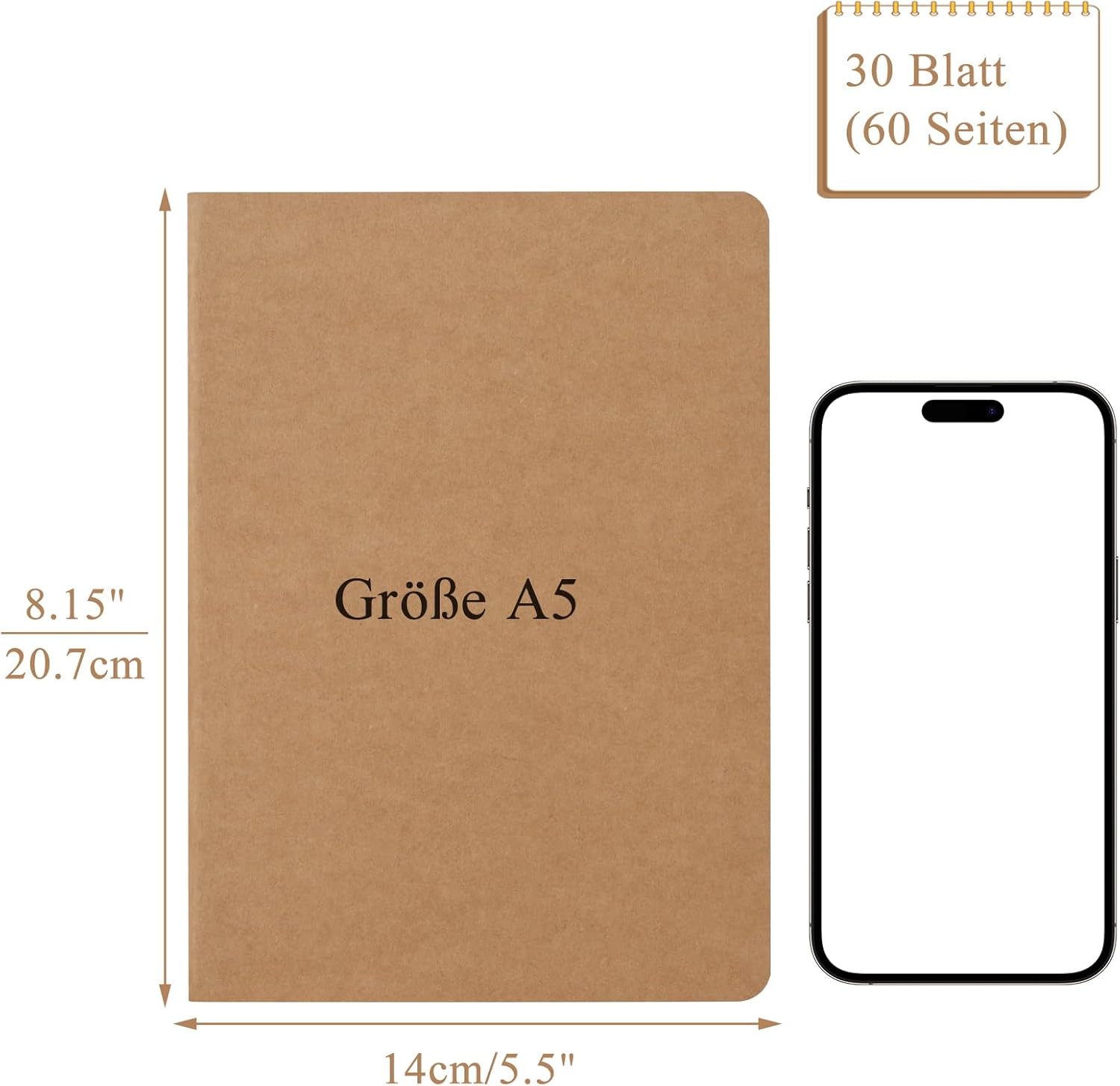 Detalle de ZCZN Notizbuch A5 liniert – 12 Stück Kraft Cover, 30 Blatt je Block