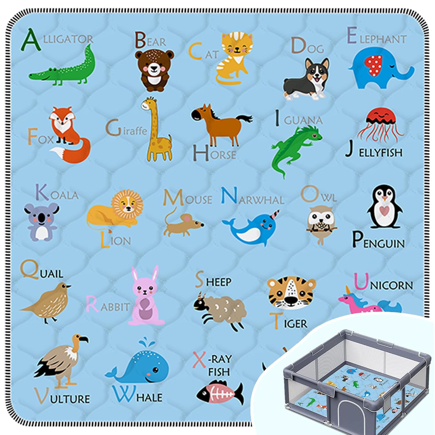 Detalle de FUGWU 47" x 47" Baby Play Mat, Blue Animal Design, Foldable and Washable