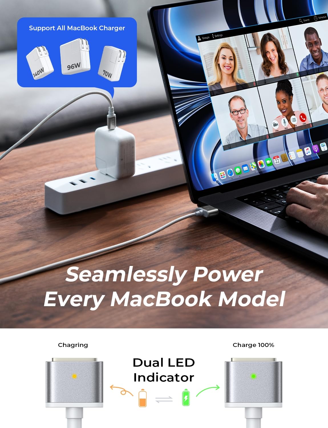 Detalle 2 de LISEN 140W USB-C Magnetic 3 Cable: Durable 2m Magnetic Charger for MacBook Pro/Air (M2/M3) and More