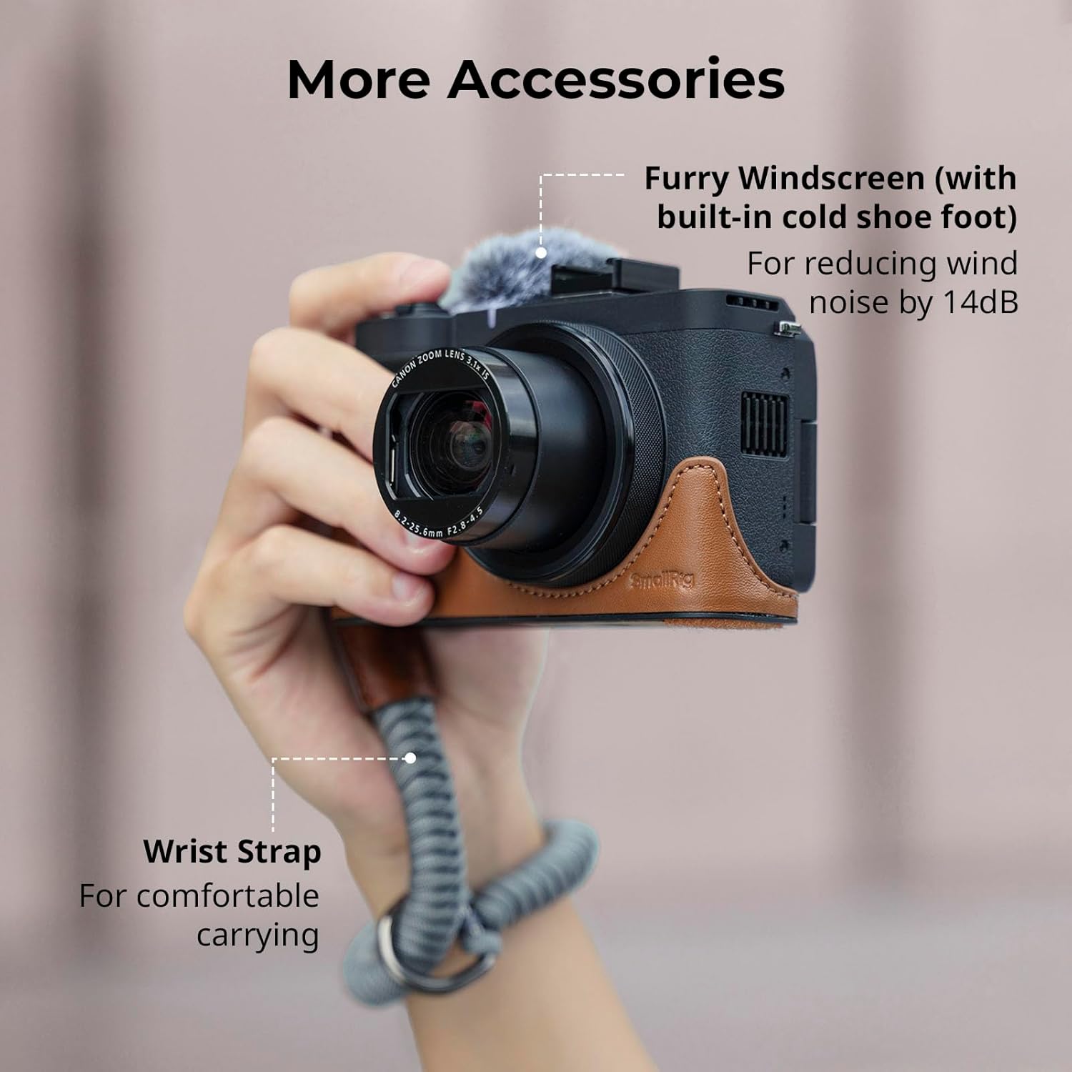 Thumbnail 1 de SmallRig Leather Case Kit for Canon PowerShot V1 (Brown) – Half Leather Case, Flip Cover, Wrist Strap & Furry Windscreen