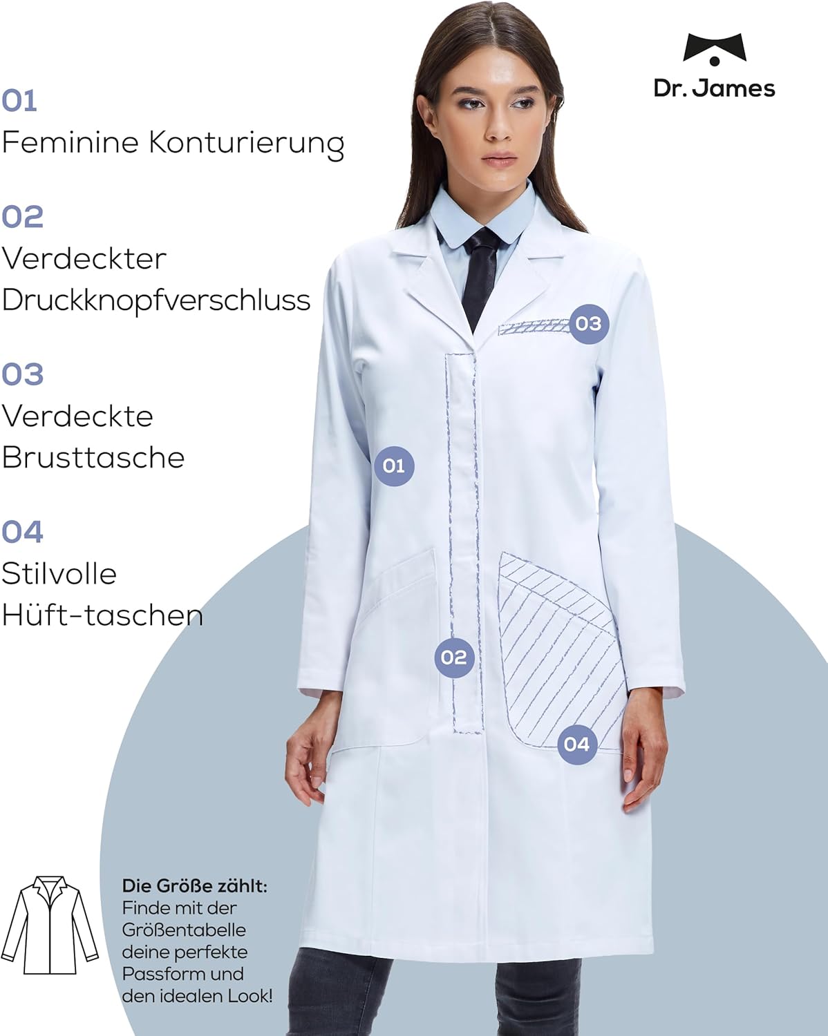 Detalle de Dr. James Laborkittel Damen – Klassischer Regular-Fit Arztkittel mit verdeckten Druckknöpfen, 3 Taschen, 94 cm