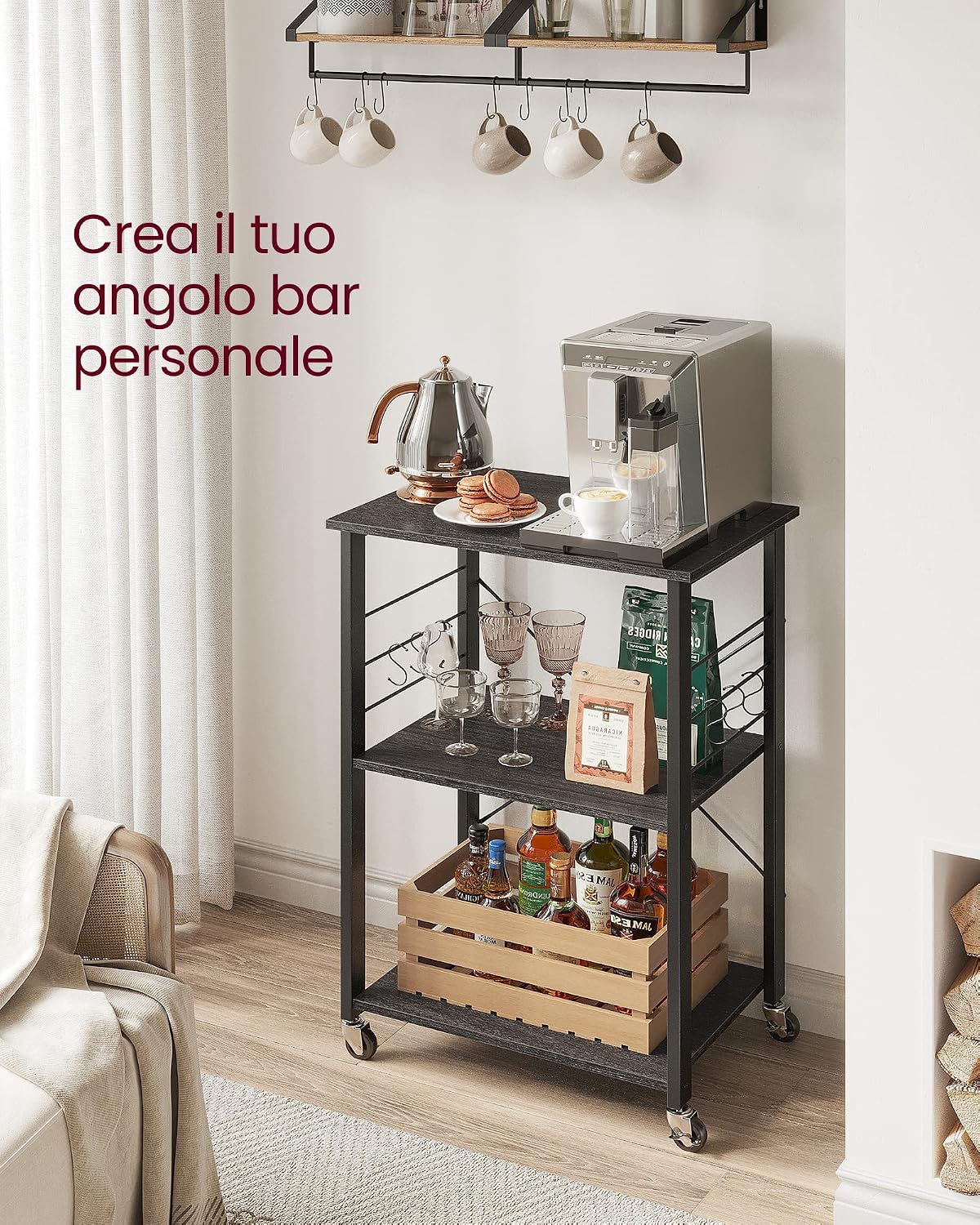 Detalle de VASAGLE Carrello da cucina su ruote con 3 ripiani e 6 ganci KKS060B42, 40 x 60 x 89 cm (nero)
