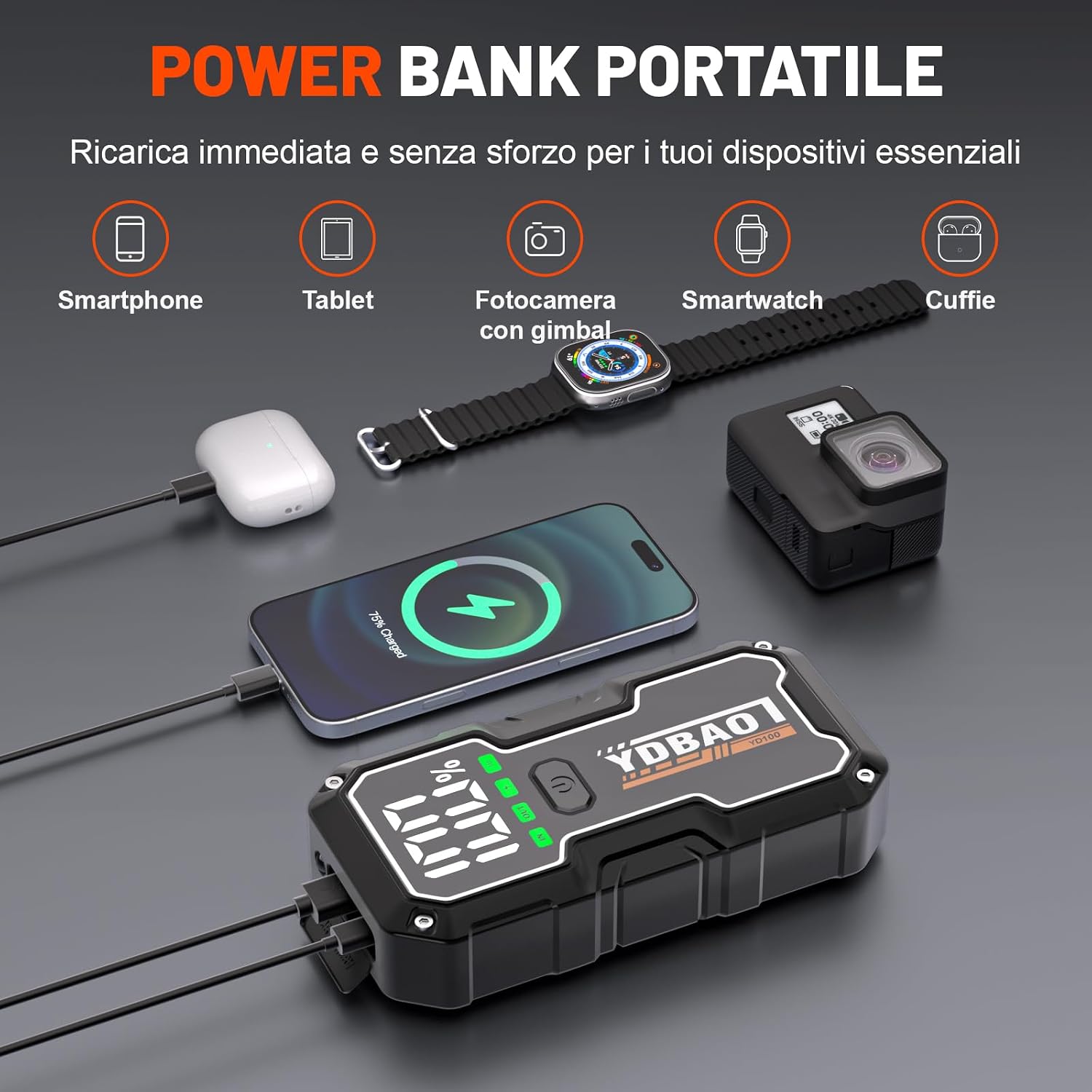 Thumbnail 2 de YDBAO Avviatore Batteria Auto 8000A: Avviatore di Emergenza 12V con Power Bank, Display LCD e Torcia LED