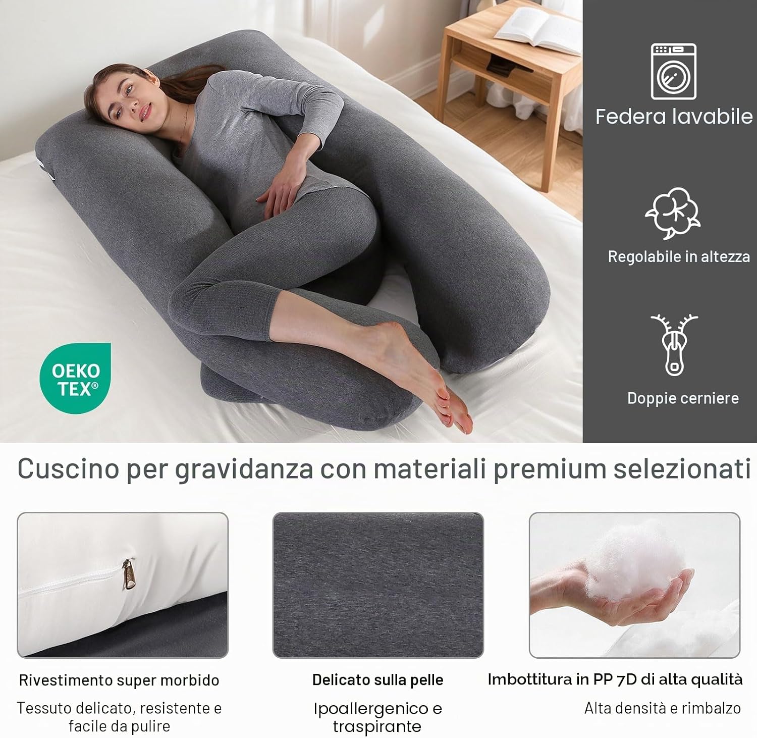 Thumbnail 6 de Cuscino Gravidanza e Allattamento a Forma di U in Cotone 145 x 70 cm – Federa Sfoderabile
