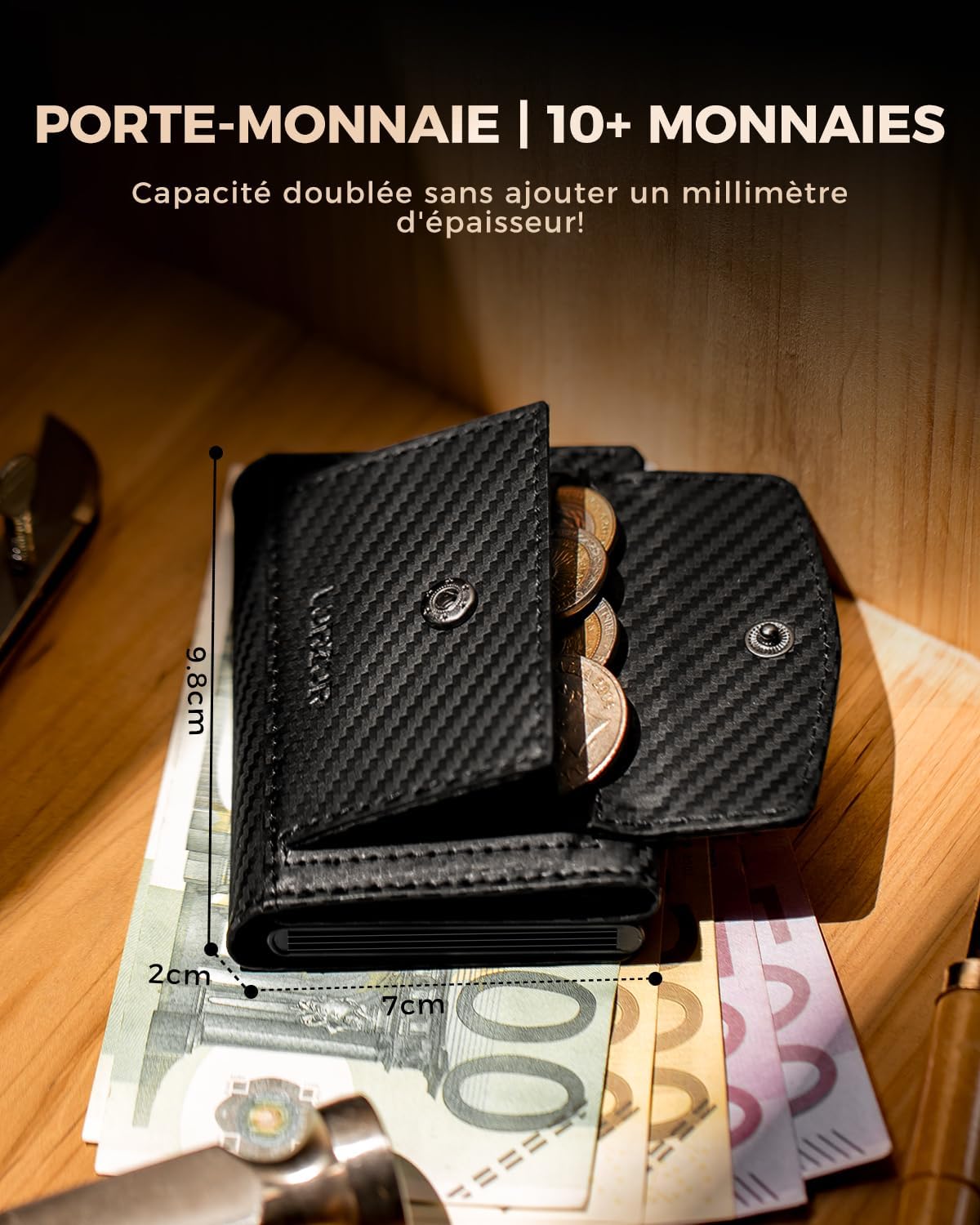 Detalle de LORZOR Porte Carte Homme XXL – Portefeuille cuir véritable avec blocage RFID et porte-monnaie