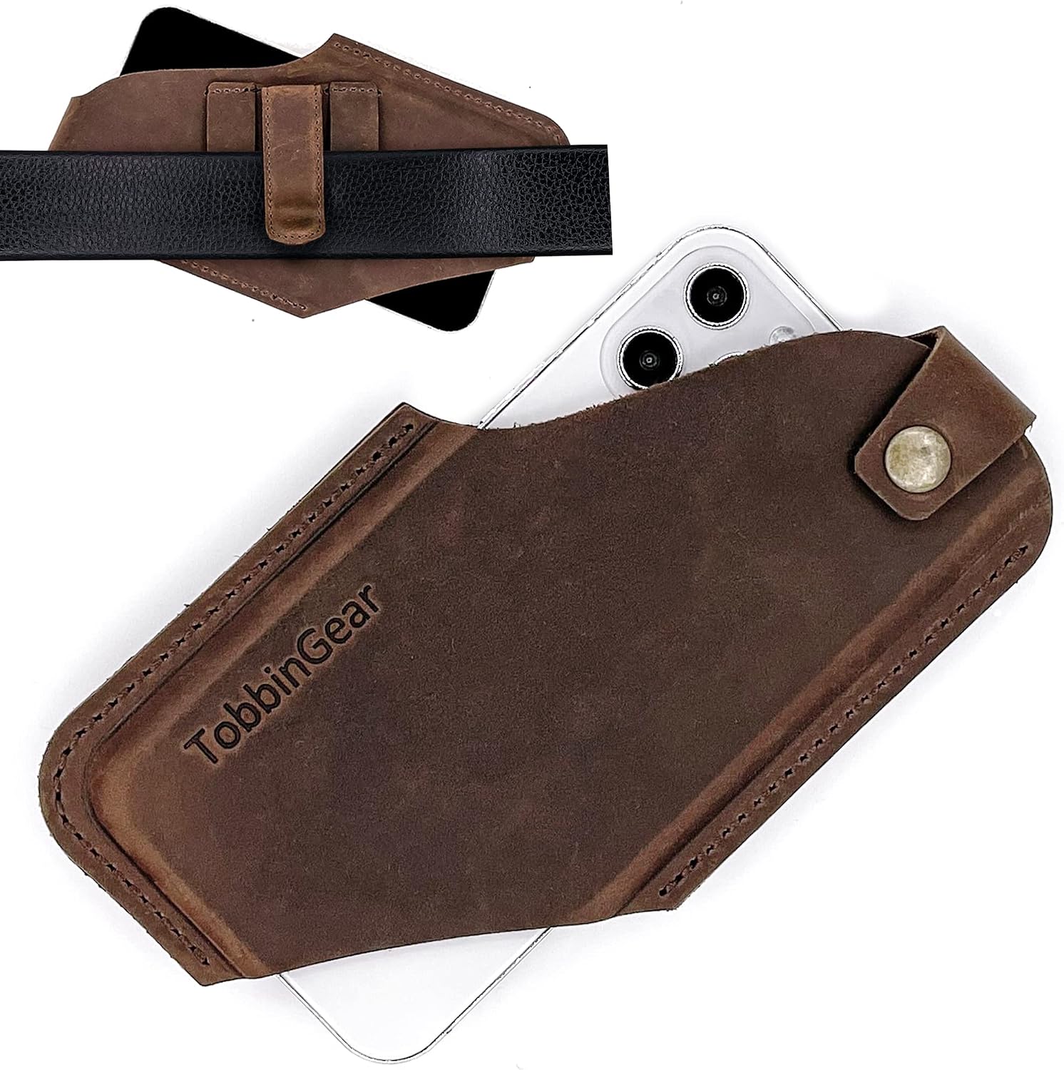 Detalle de TobbinGear レザースマートフォンホルスター Mサイズ ベルトクリップ付き ダークブラウン・右利き用