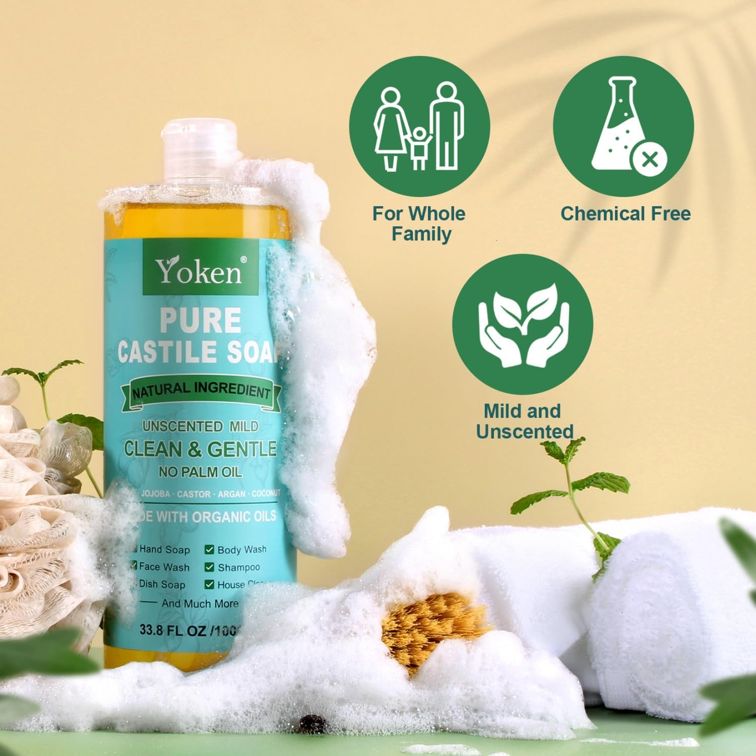 Thumbnail 4 de Yoken Pure Castile Liquid Soap – Unscented, 33.8 oz (1000 ml), EWG Verified + Organic Oils