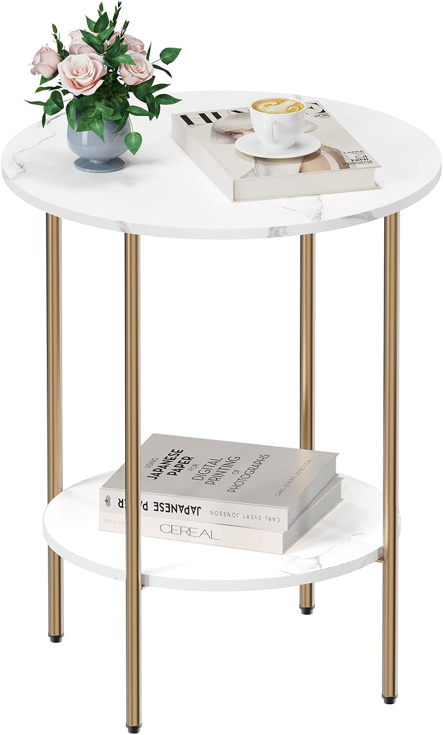 Detalle de CAMOAT Two-Tier Side Table with Marble-Look Wood Top and Metal Frame