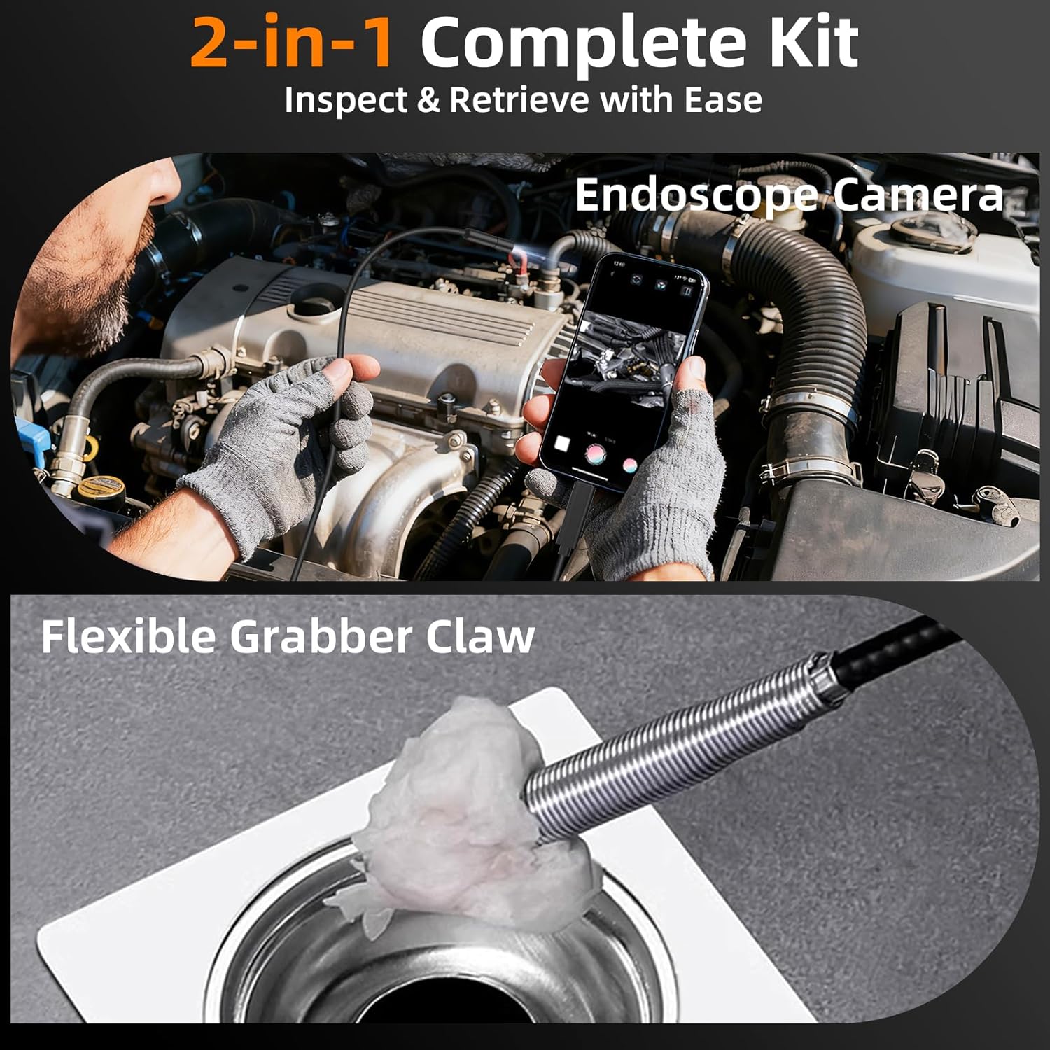 Detalle 2 de Ferdiiz Endoscope Inspection Camera with Lights, 1920P HD Inspection Camera, IP67 Borescope 16.5ft Flexible Cable, with 160cm Retractable Pipe Cleaner Claw Grabber, Hair Clog Remover, iOS9+ Android 6+
Ferdiiz Endoscope Inspection Camera with Li…