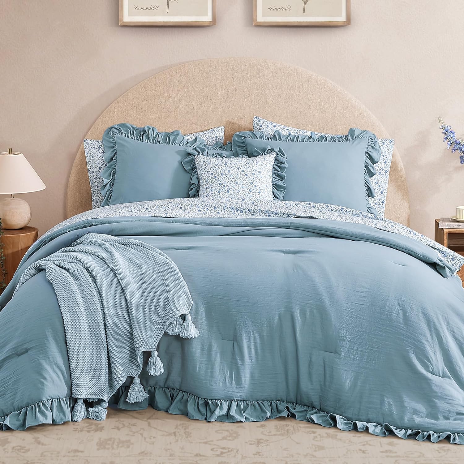 Thumbnail 2 de BLOOMHAVEN Queen Comforter Set – 7 Pieces in Ruffle Blue Floral, Ultra-Soft Microfiber