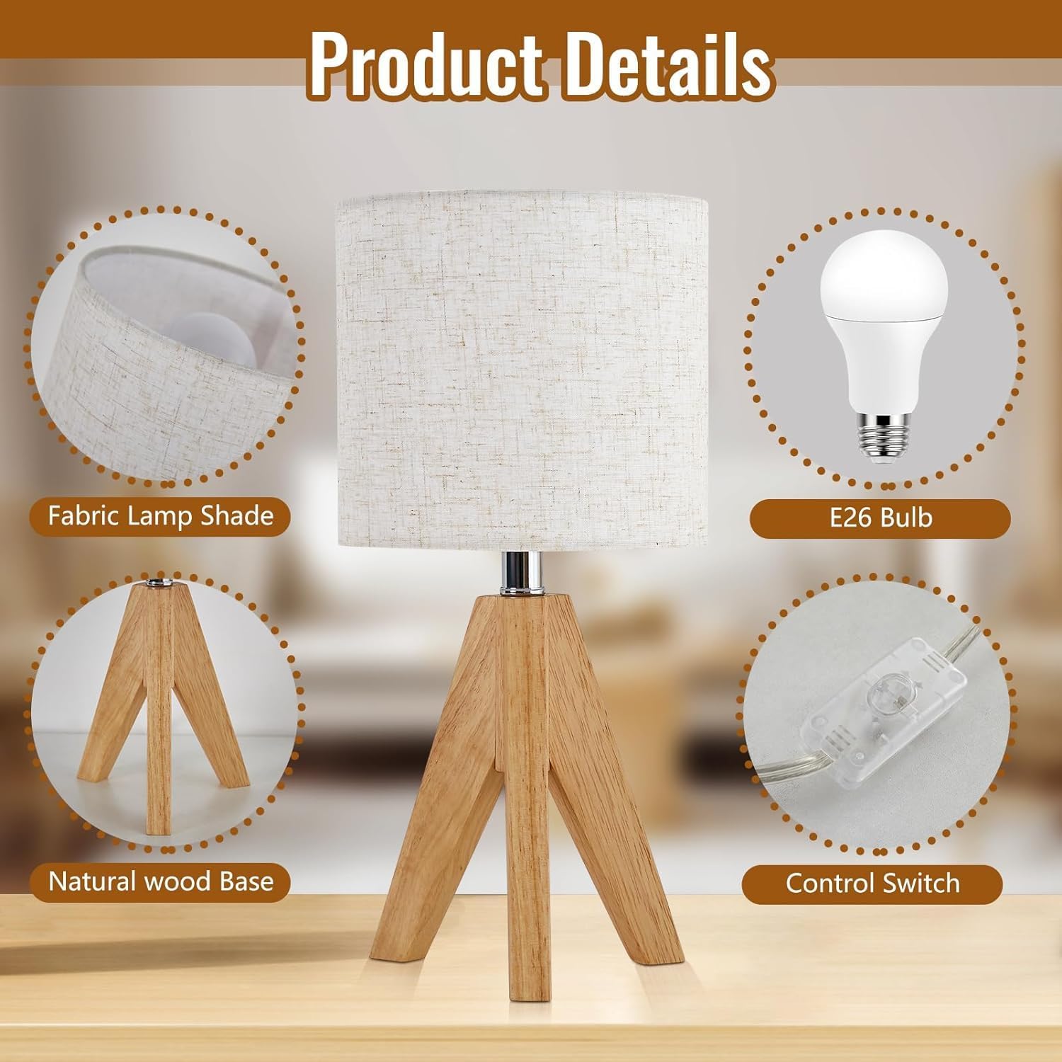 Detalle de Maichixin XLGZ-T1-005XX Wooden Tripod Table Lamps, 2-Pack with 3 Colour Temperatures