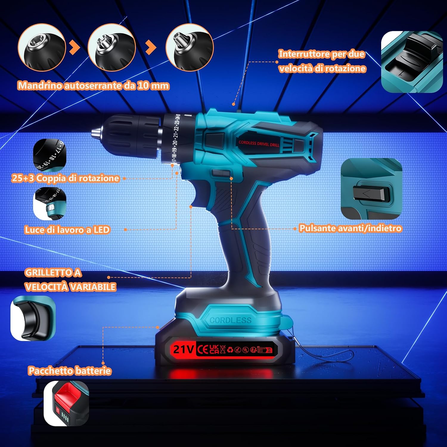 Thumbnail 4 de Olubfdh Trapano Avvitatore a Batteria 21V con 2x2000mAh – 45 Nm, 25+3 Coppia, LED, 60 Minuti di Carica (Blu)