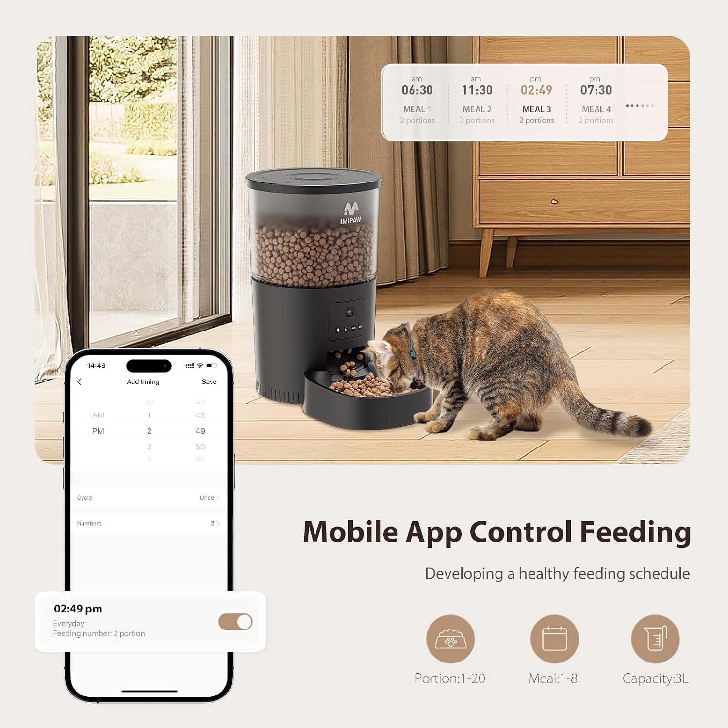 Detalle de IMIPAW automatische kattenvoerdispenser met camera, app en 3 liter