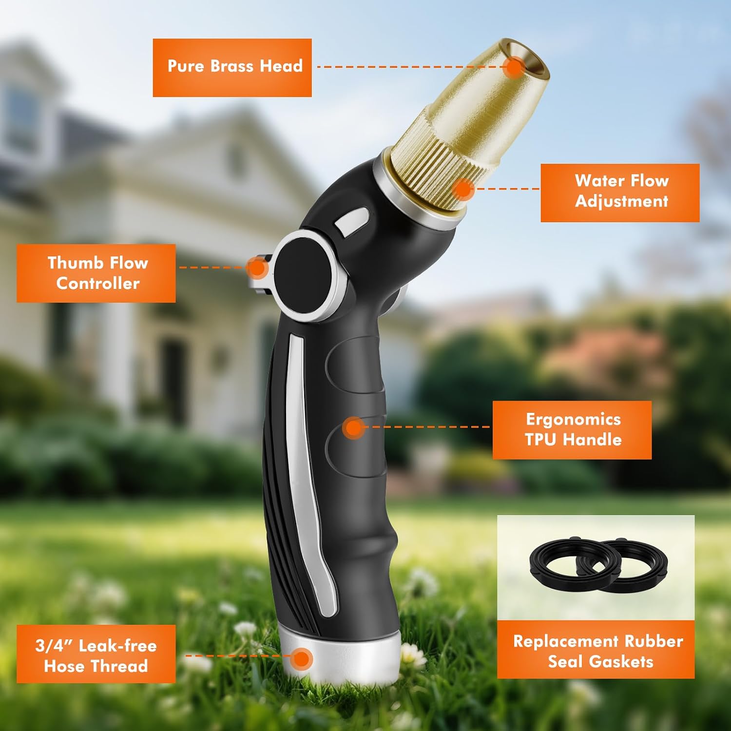 Detalle de Restmo HN Garden Hose Nozzle, Zinc Alloy, Brass Head, 4 Spray Patterns