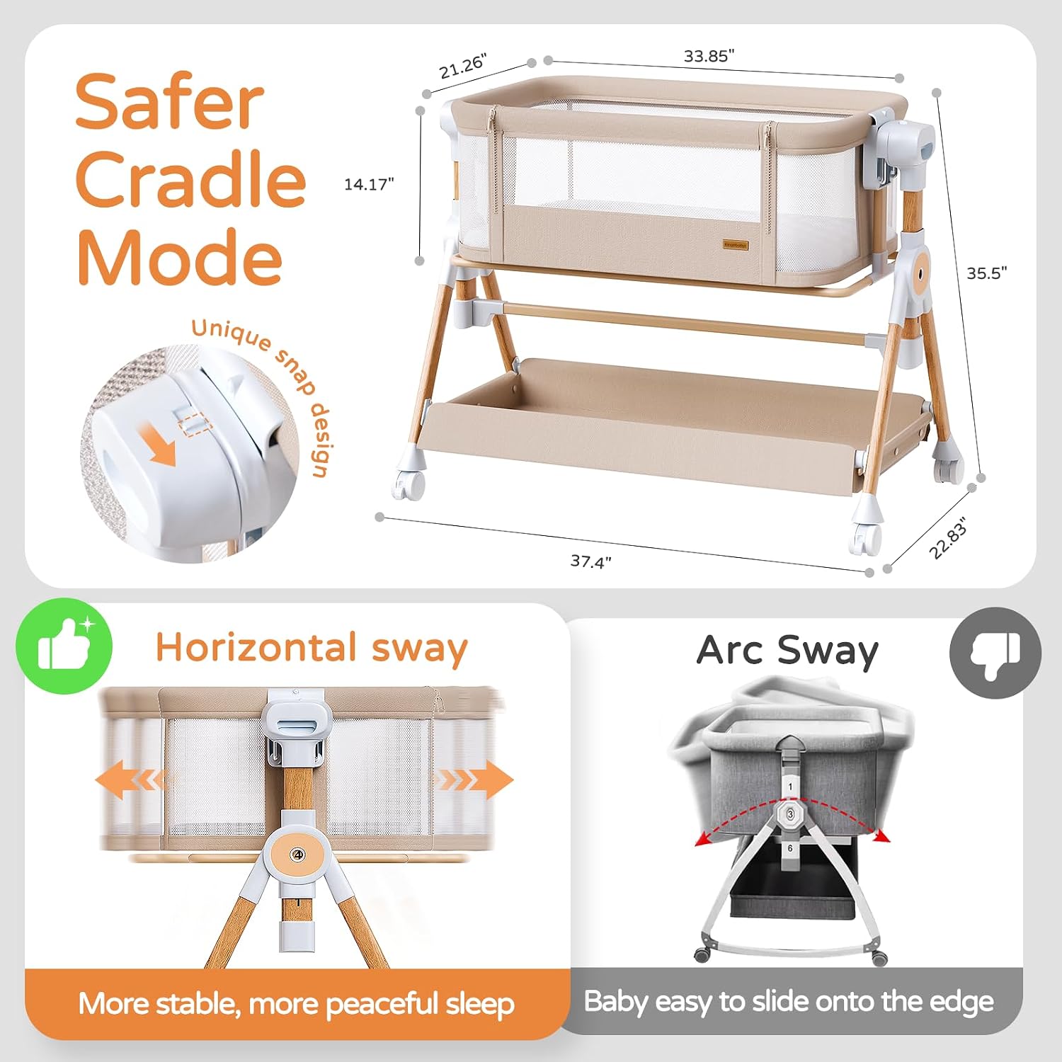 Thumbnail 1 de kingobabys HM-P601 3-in-1 Baby Bassinet, 6 Heights, Mesh Sides, Khaki
