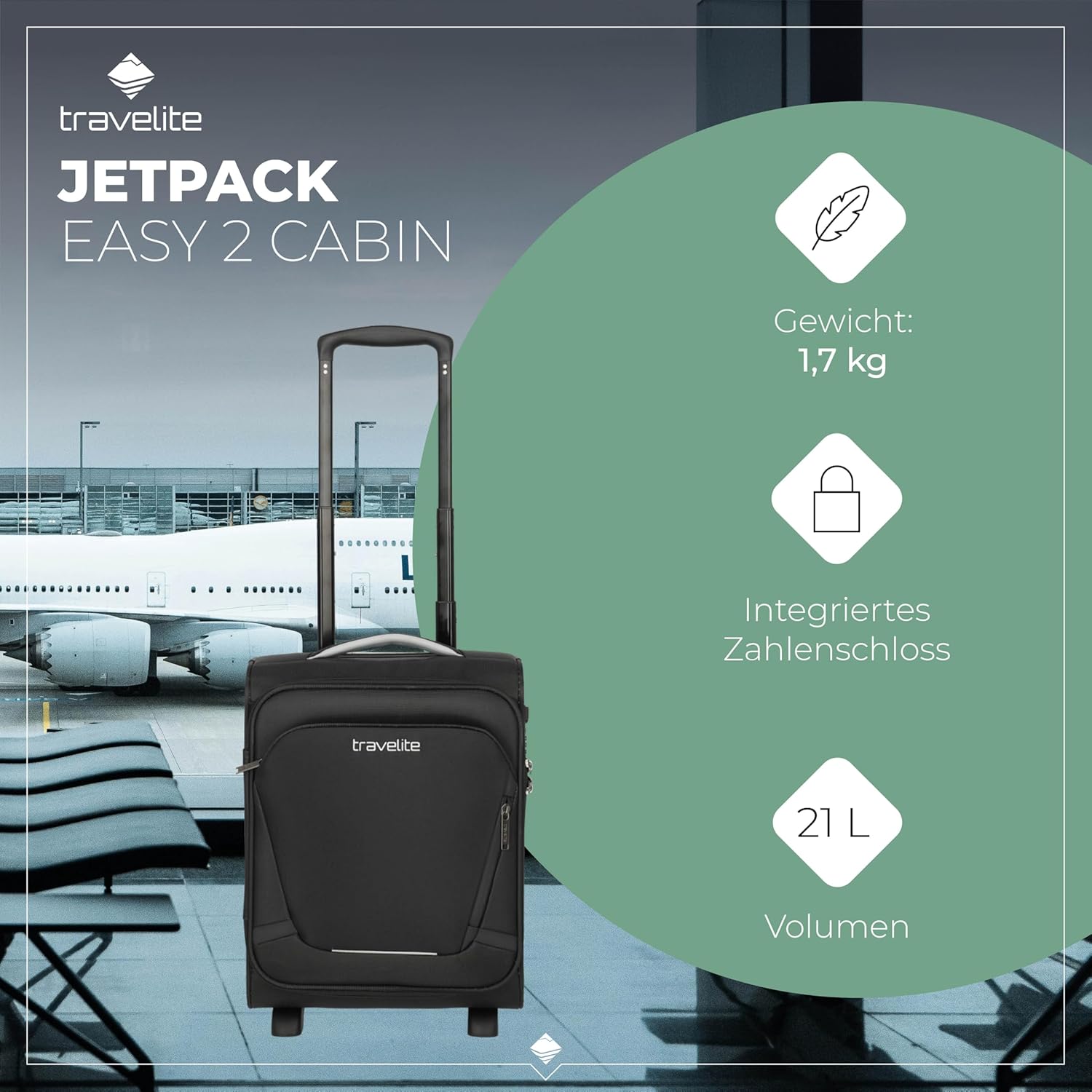Detalle de Travelite Jetpack Handgepäck Koffer 40x30x20 cm – ultraleicht, 21 Liter, für EasyJet & Vueling