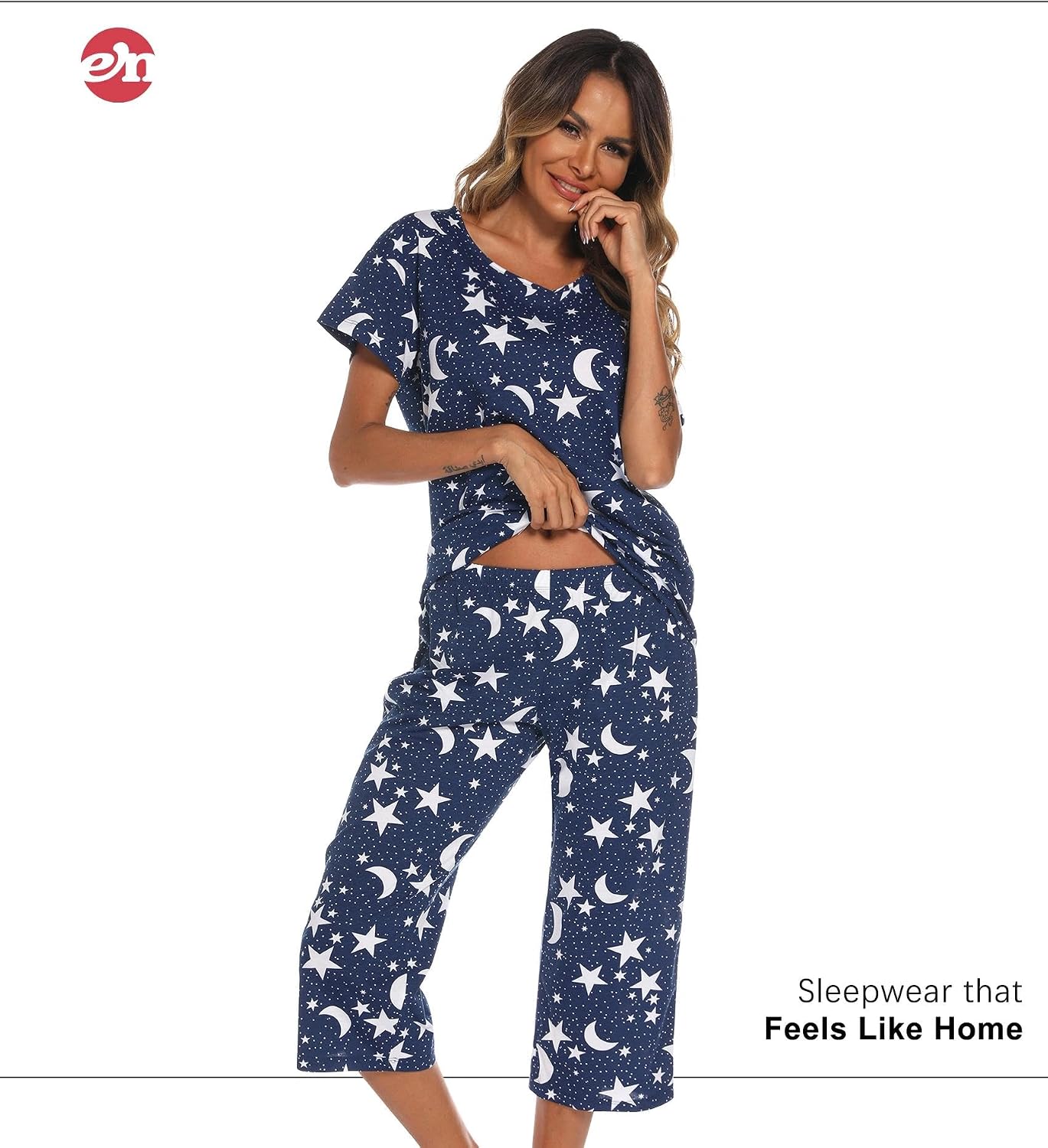 Detalle 2 de ENJOYNIGHT Women’s Cotton Pajama Set (Short-Sleeve V-Neck Top + Capri Pants)