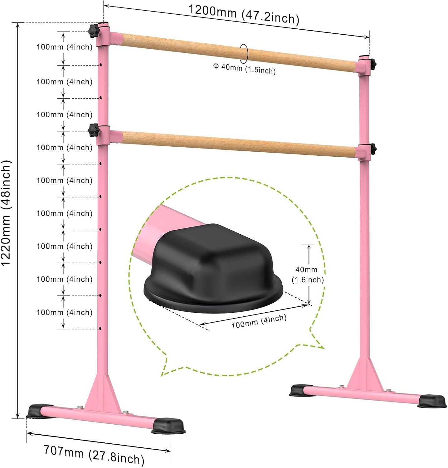 Detalle 2 de BeneLabel Ballet Barre Freestanding: Portable, Height-Adjustable Dance Bar for Home Practice