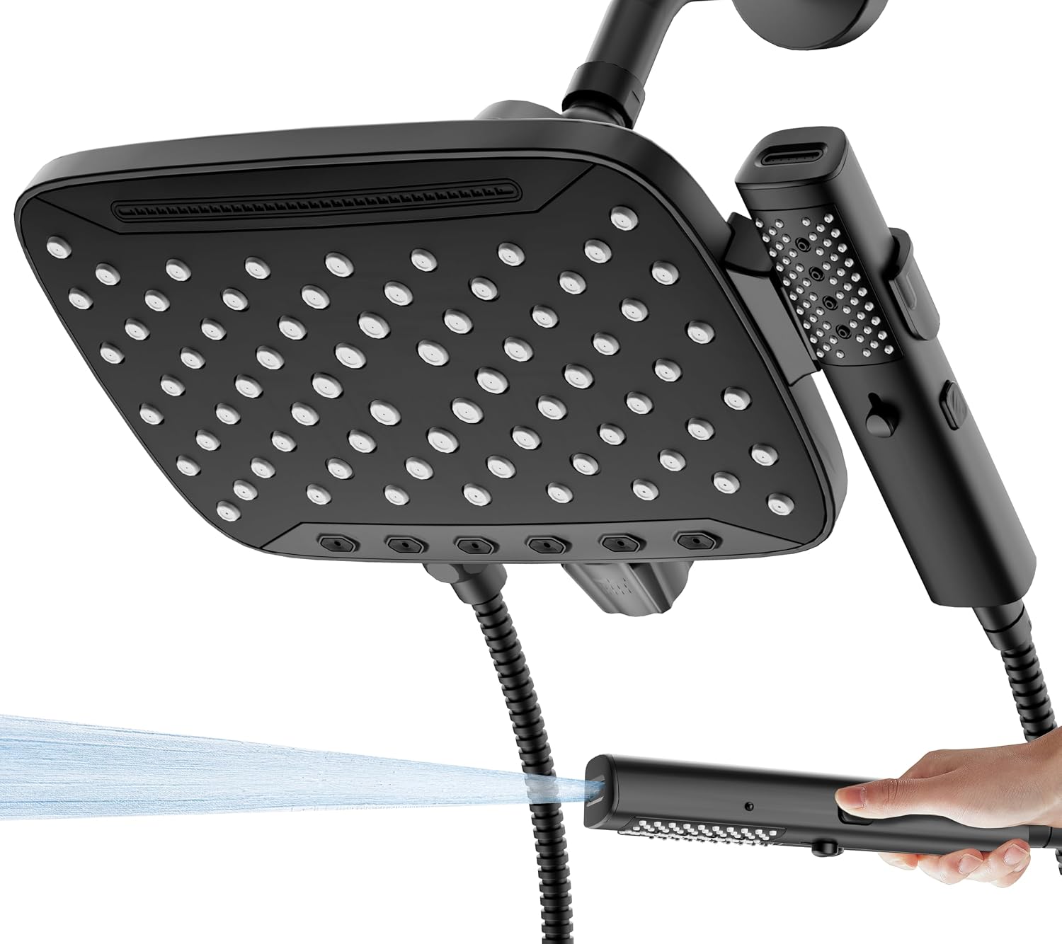 Detalle de JDO Z16002-MB Dual Shower Head Combo, 10-Inch Rainfall, 7 Modes, Matte Black