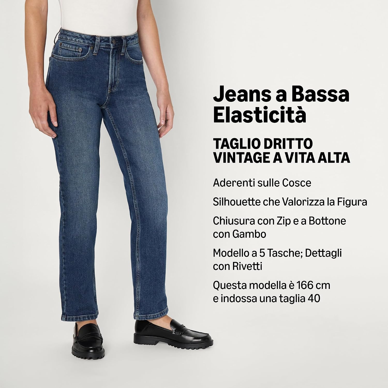 Detalle 2 de Amazon Essentials Jeans a Vita Alta a Gamba Dritta Donna, Grigio Pietra delavé Scuro, 42 Corto