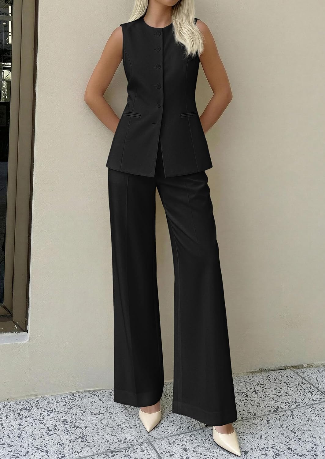 Detalle de PRETTYGARDEN Women's 2 Piece Sets: Sleeveless Blazer Vest + Wide-Leg Pants, Spring/Summer Business Casual