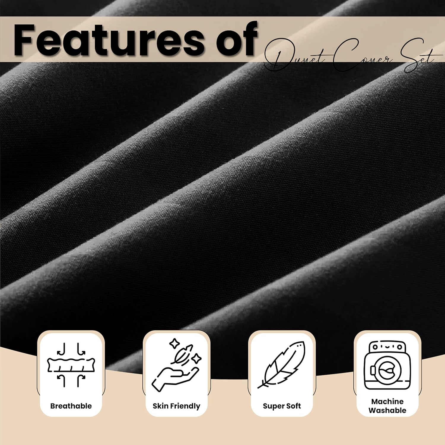 Thumbnail 5 de My home store Double Duvet Cover Set (4 pcs) Satin Stripe in Black with 30 cm deep fitted sheet