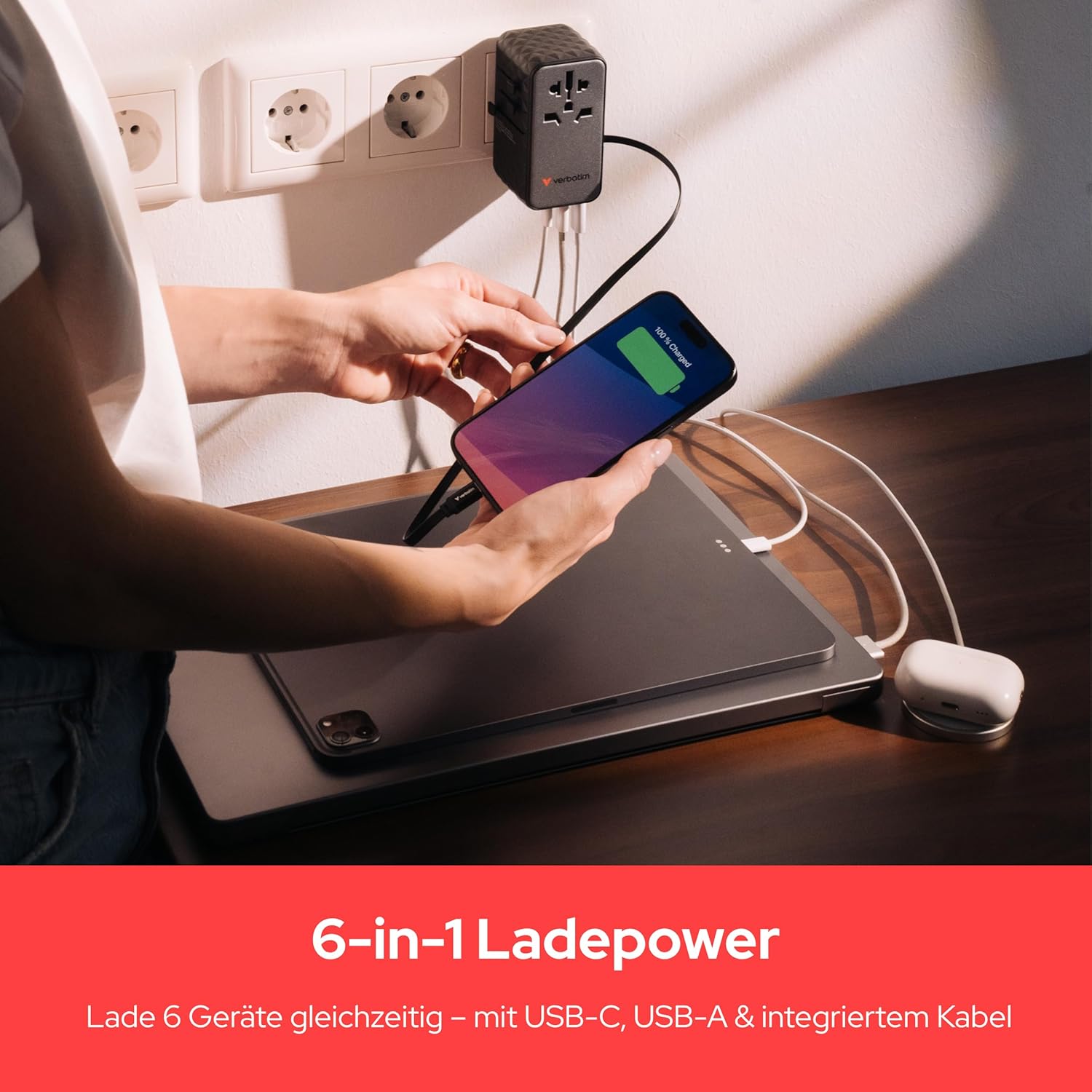 Thumbnail 4 de Verbatim GaN Universal Reiseadapter UTA-10 mit integriertem Kabel, 85 W und USB-A & 3 USB-C