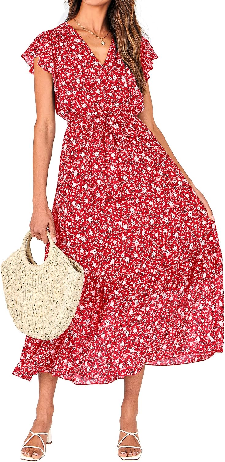 Thumbnail 6 de BTFBM Women Summer Bohemian Floral Wrap Midi Dress with V-Neck, Ruffle Cap Sleeves, and Belt – White