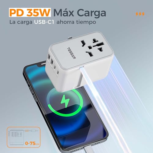 Detalle de TESSAN Adaptador Enchufe Universal 6 en 1 con cable USB‑C retráctil (PD 35 W)