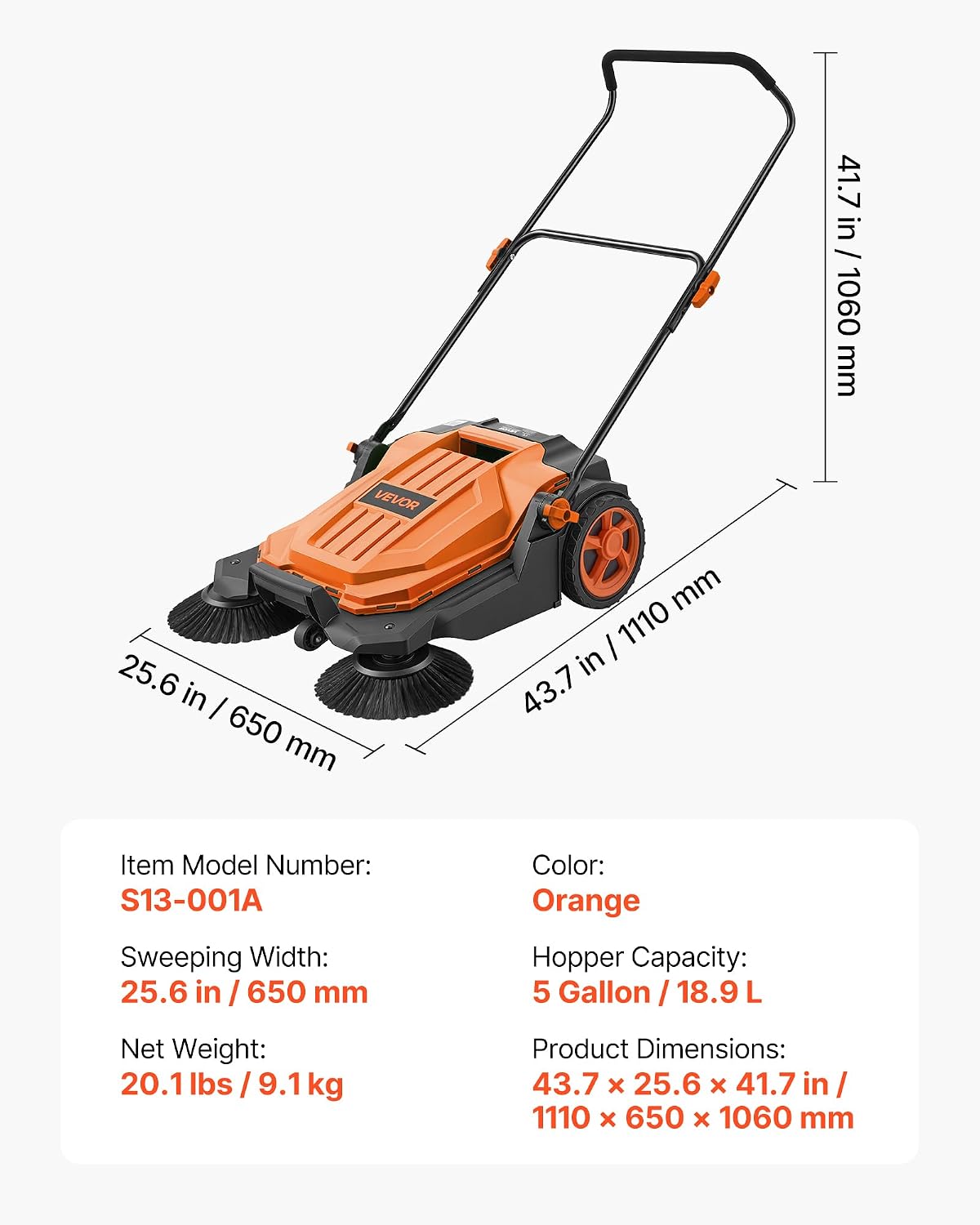 Thumbnail 6 de VEVOR S13-001A Walk-Behind Floor Sweeper, 25.6-Inch, 5-Gallon