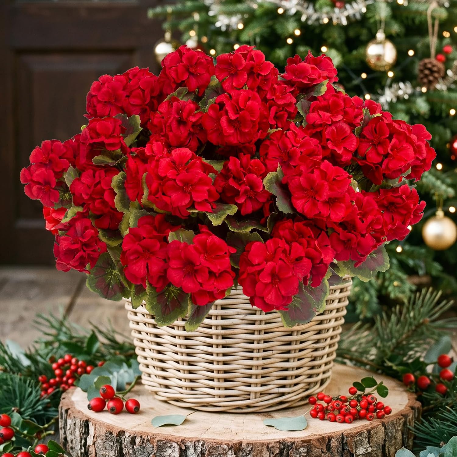 Detalle de Lovemoon 8-Piece Artificial Geranium Set (Red) for Indoor & Outdoor Decor