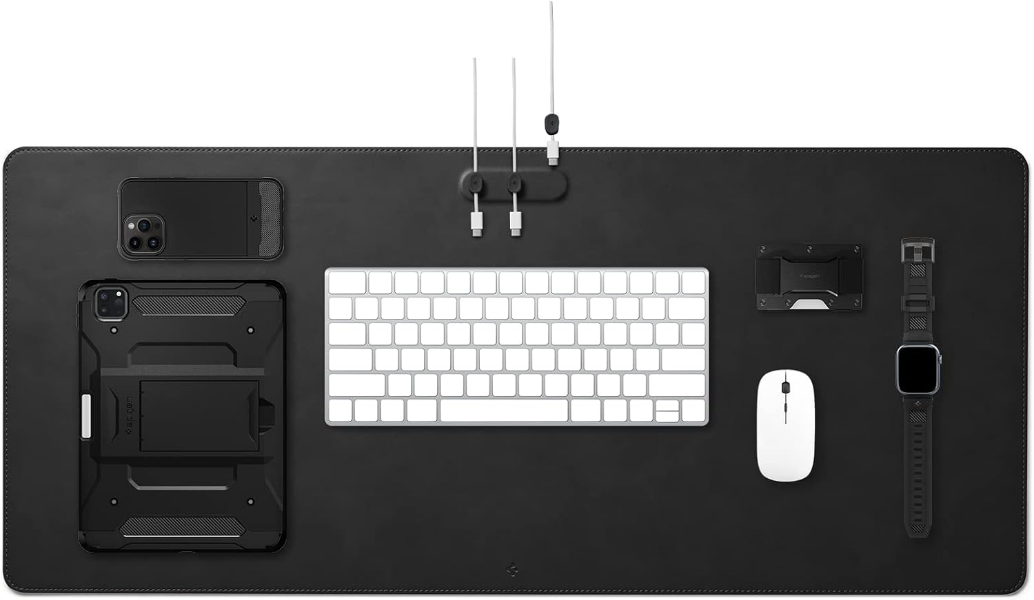 Spigen Tapis de bureau XXL en cuir PU végan avec aimant intégré pour organiser les câbles (noir)