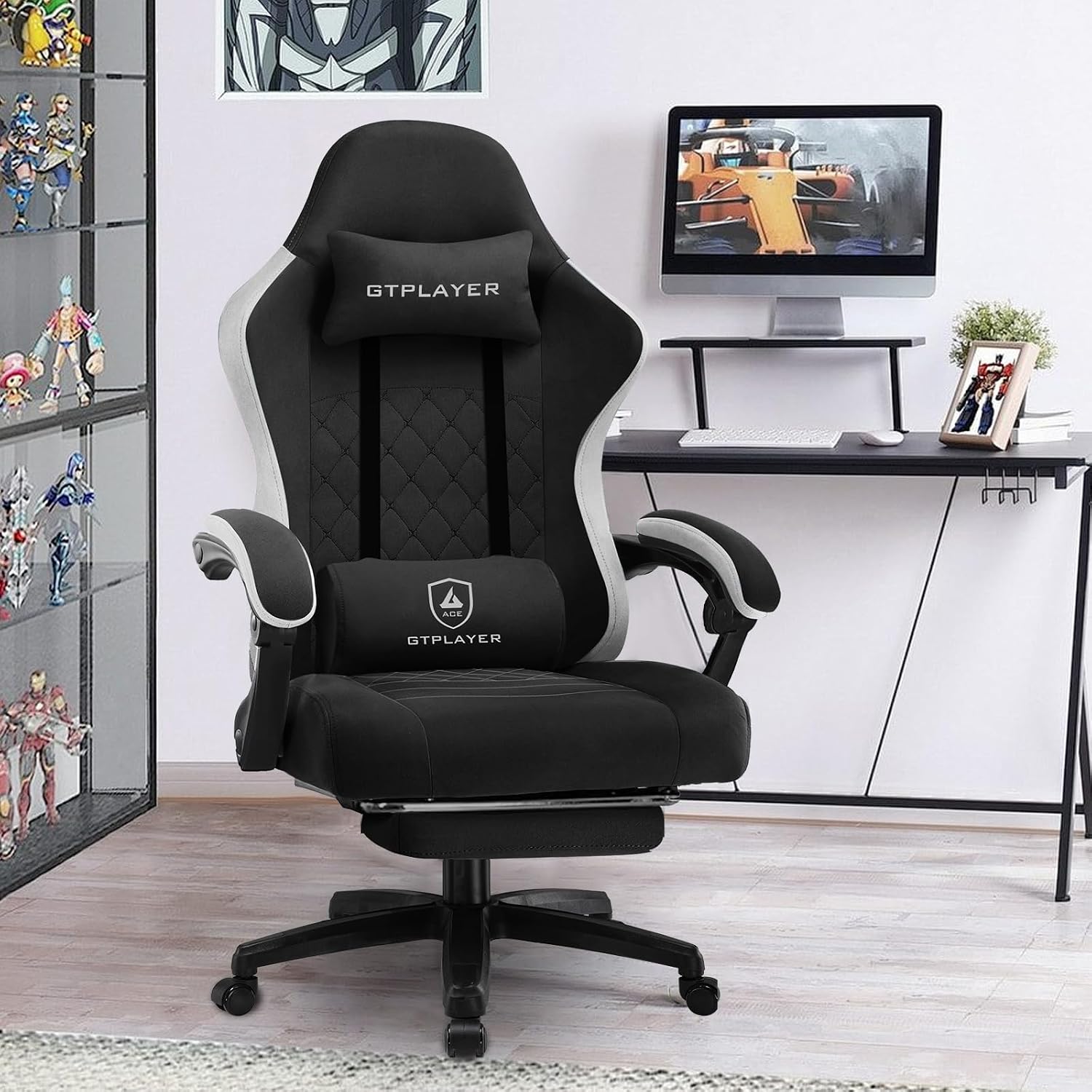 Detalle 2 de GTPLAYER Gaming Stuhl mit Stoffbezug, verstellbaren Armlehnen und Fußstütze (bis 150 kg) – dunkelschwarz