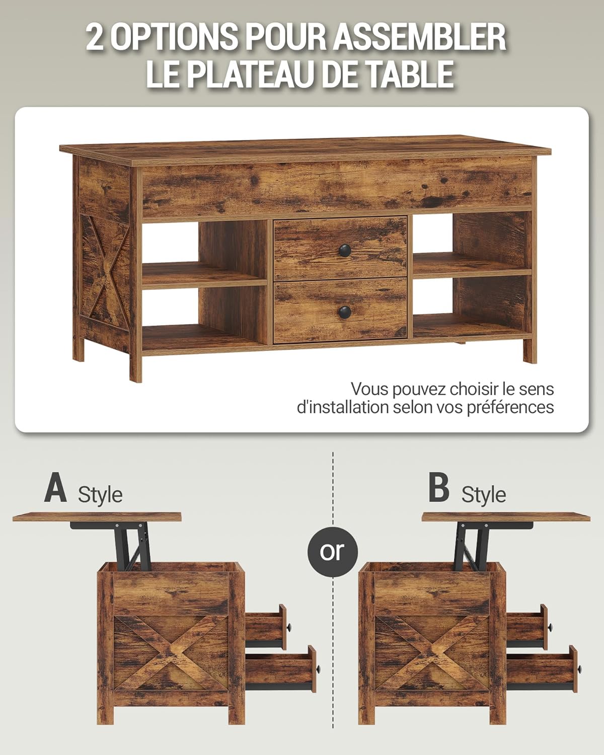 Thumbnail 4 de Hzuaneri Table basse à plateau relevable, 2 tiroirs et rangement caché CT22101B