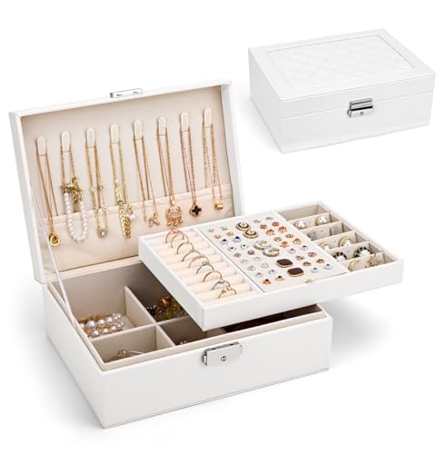 Detalle de Yarmiene Joyero Mujer Organizador de Dos Niveles en Cuero PU, 23x17x9 cm – Blanco Perla