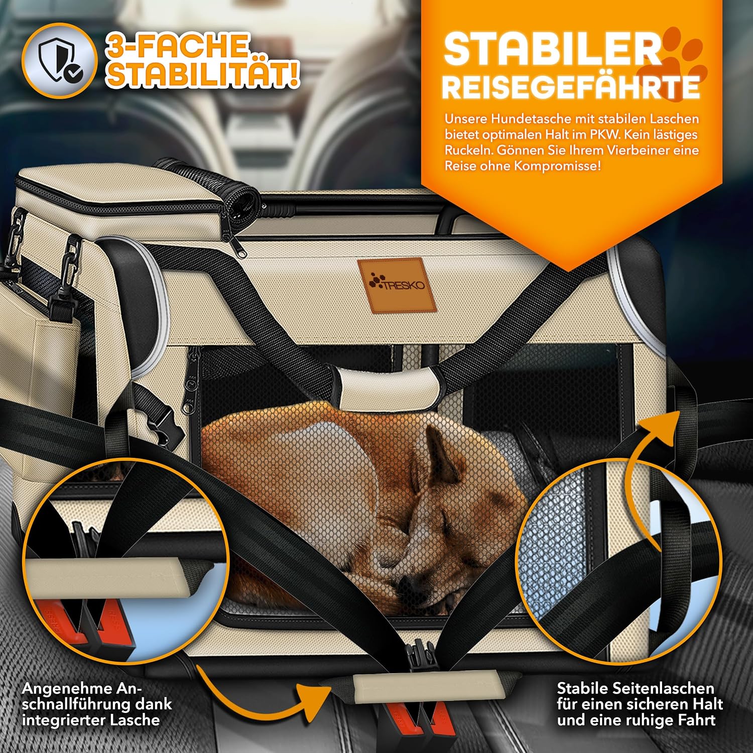 Detalle de TRESKO Hundebox faltbar XXXL (102×69×69 cm) inkl. Leckmatte, Spatel & Reflektoren – Transportbox für Hunde und Katzen