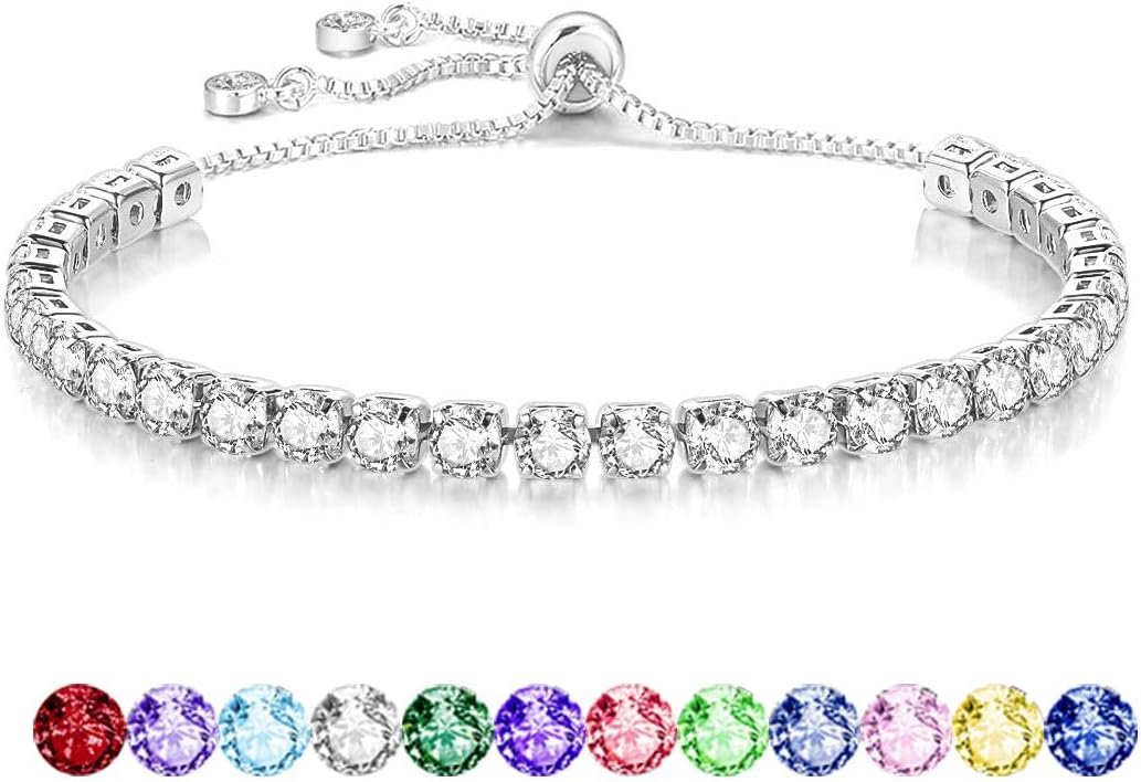 Mieoyue S925 Silver Tennis Bracelet with Slider Closure & Crystal Birthstone Design