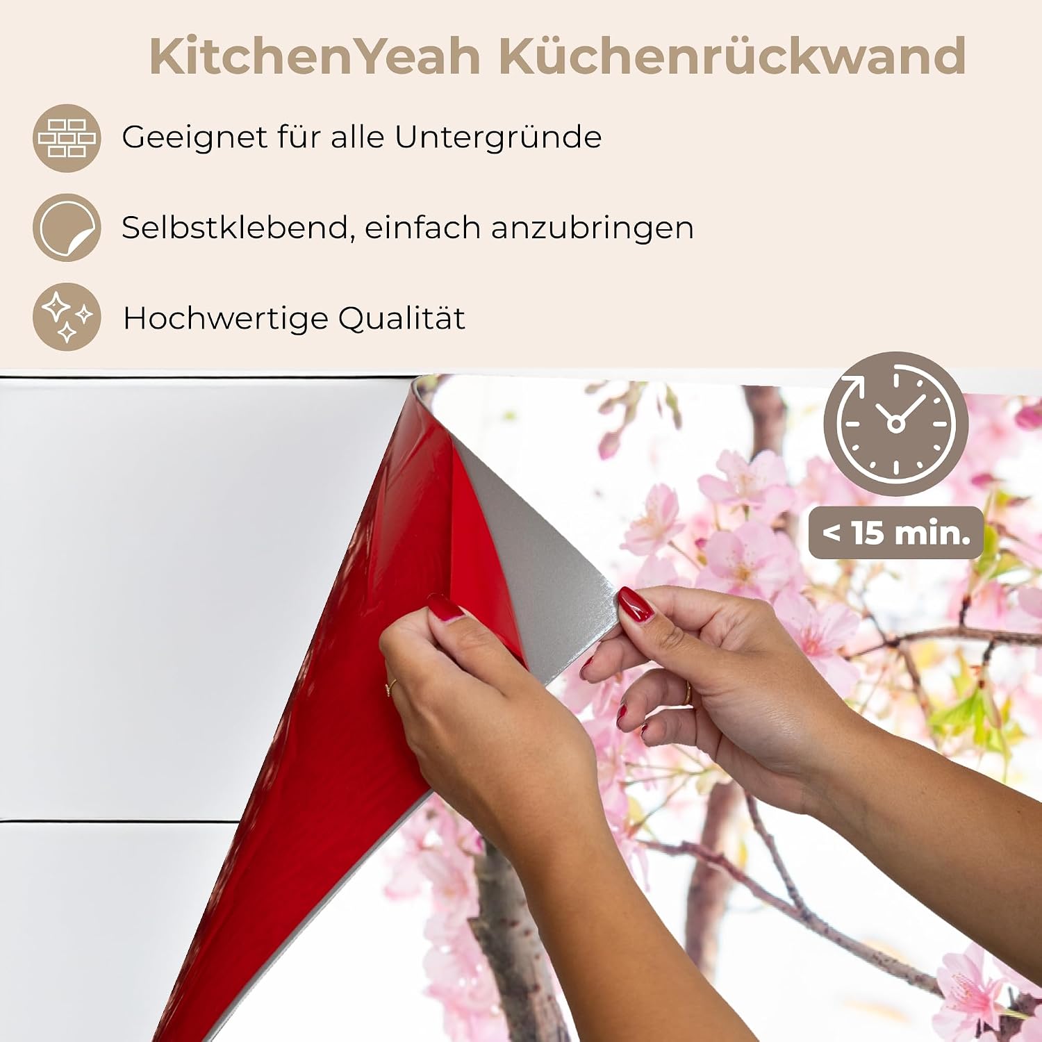 Detalle 2 de KitchenYeah Spritzschutz Küche 60×150 cm – selbstklebende Küchenrückwand mit Sakura-Motiv (Kirschblüte)