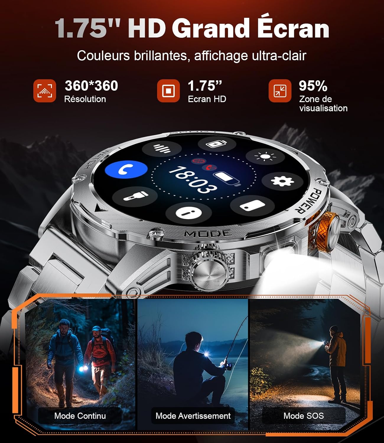 Thumbnail 2 de LIGE EF12-B smartwatch voor heren met 1,75-inch HD-scherm en zaklamp
