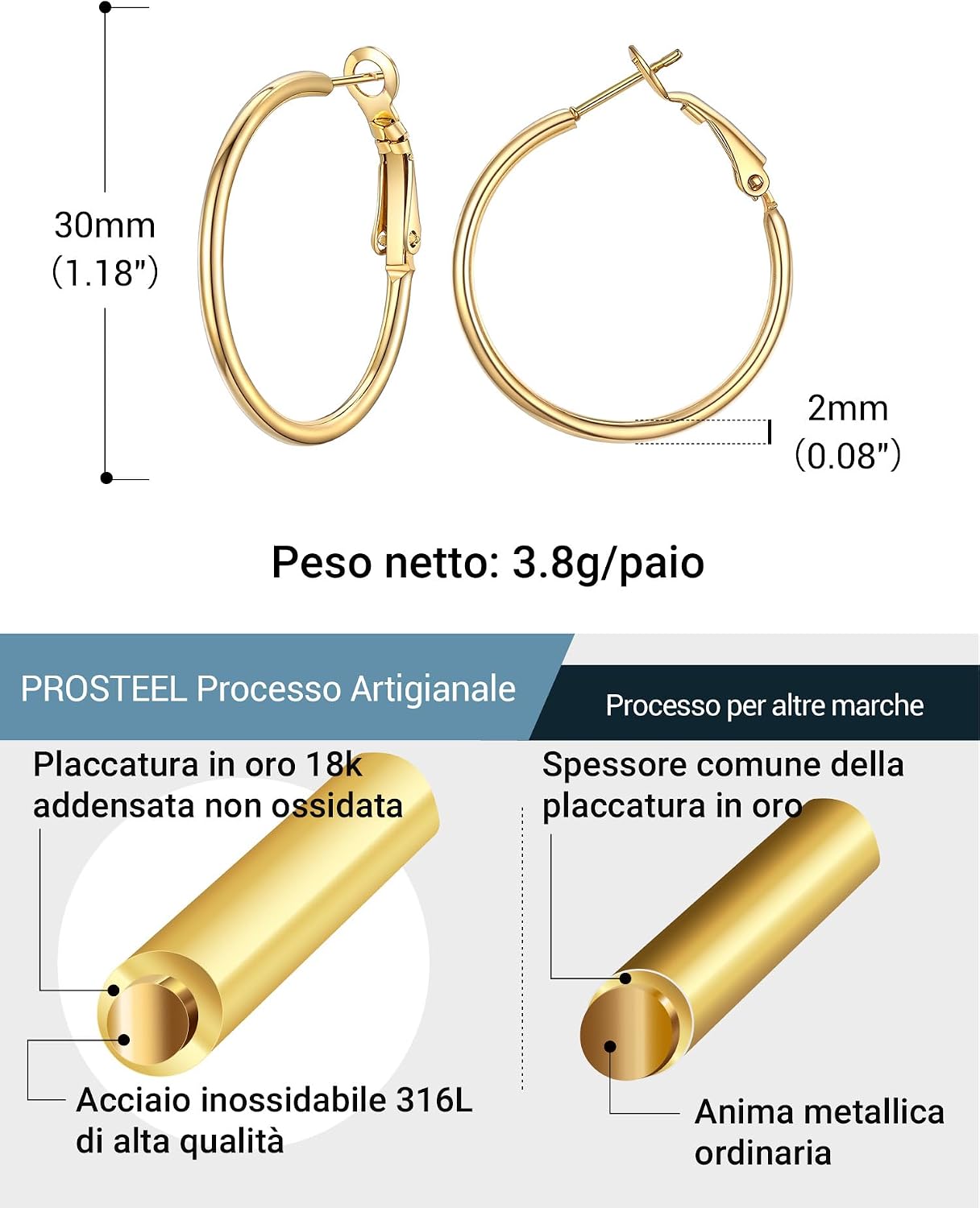 Thumbnail 4 de Set PROSTEEL di orecchini donna in acciaio 316L: 3 paia con cerchi grandi 30/50/70 mm, argento/nero/oro