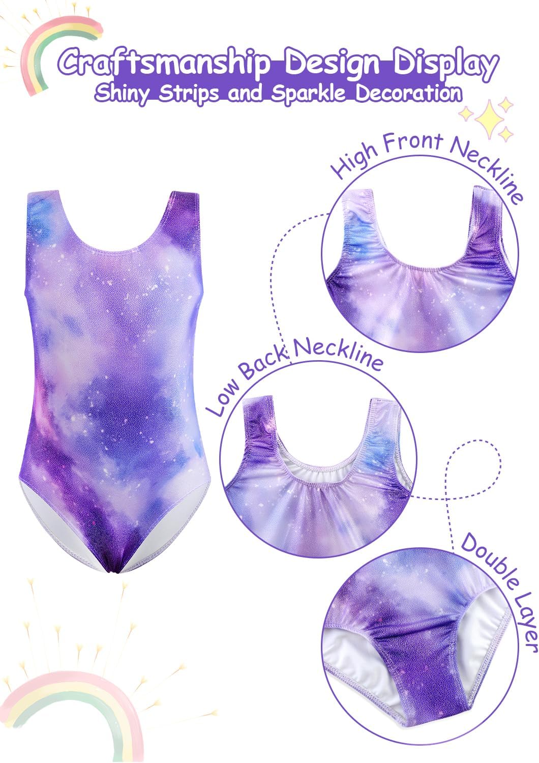 Thumbnail 1 de XiaoMoSha Girls Three-Piece Gymnastics Leotards Set – Sparkly Gradient Leotard, Shorts & Hairband for 3–12 Years