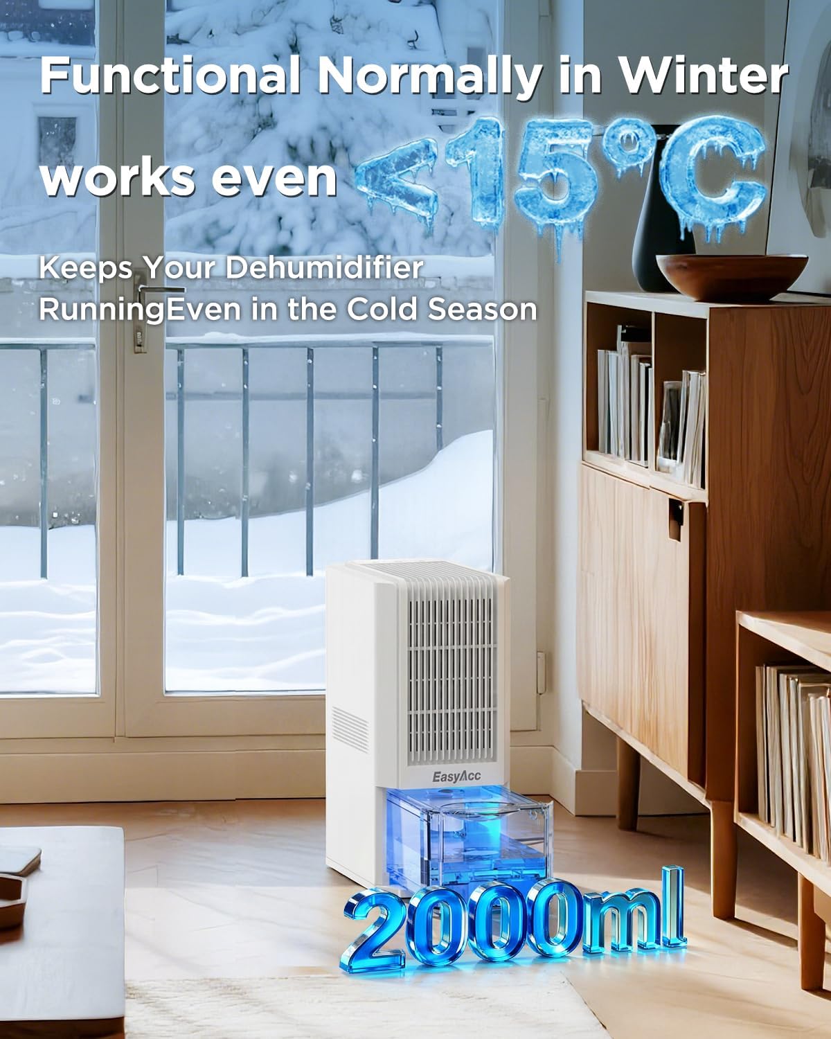 Detalle 2 de EasyAcc Bathroom Dehumidifier: 1300ml/Day, 15°C Operation, 2L Tank, 85W, Ultra Quiet