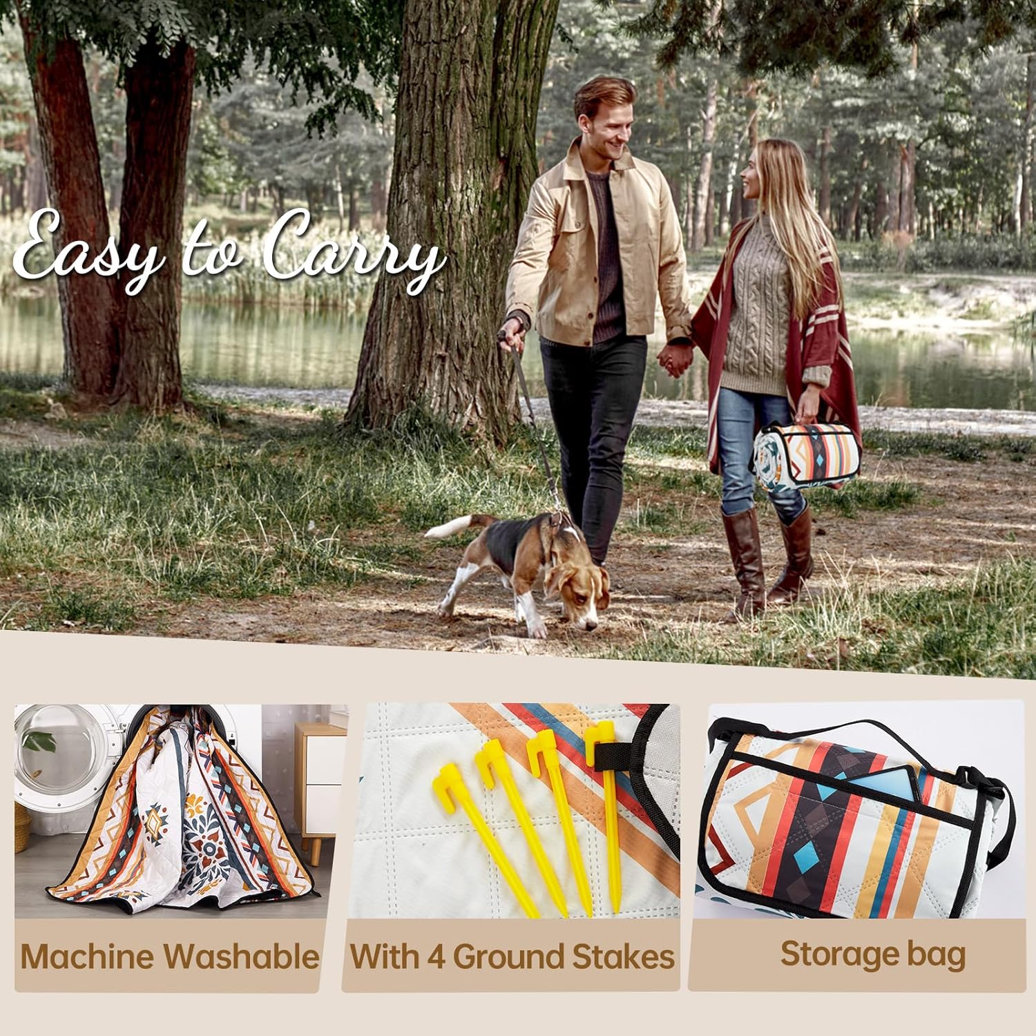 Thumbnail 4 de Aptliton Waterproof Picnic Blanket 200 x 200 cm with 4 Stakes – Foldable & Machine Washable