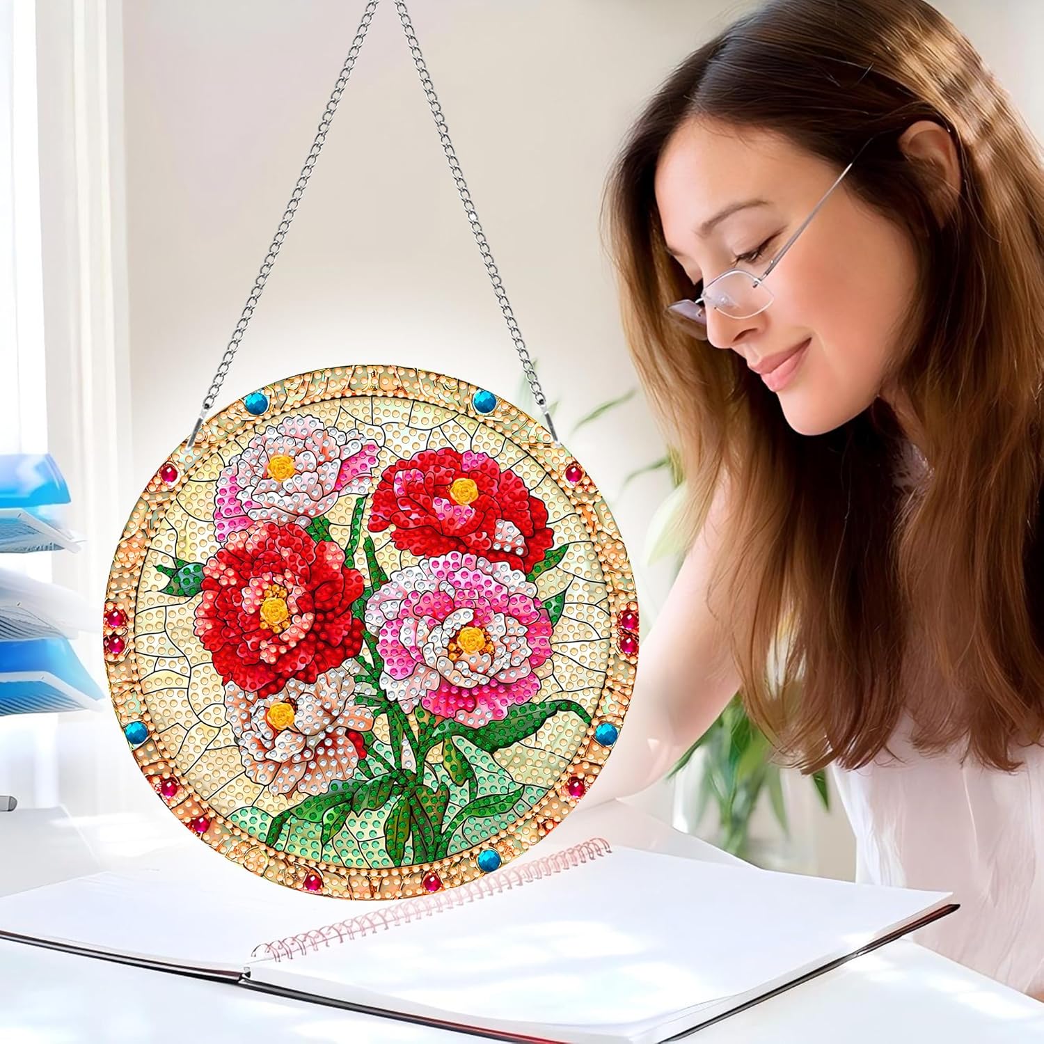 Thumbnail 4 de Pavemlo Doppelseitiges Acrylbrett Diamond Painting Anhänger & Fensterbilder Set mit Kette (Blume) – DIY Kristallmalerei, 20x20 cm
