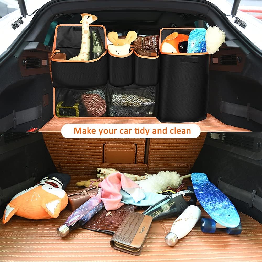 Detalle de URAQT Organiseur de Coffre de Voiture – Grand modèle 100 x 45 cm, 6 poches et fixation sécurisée