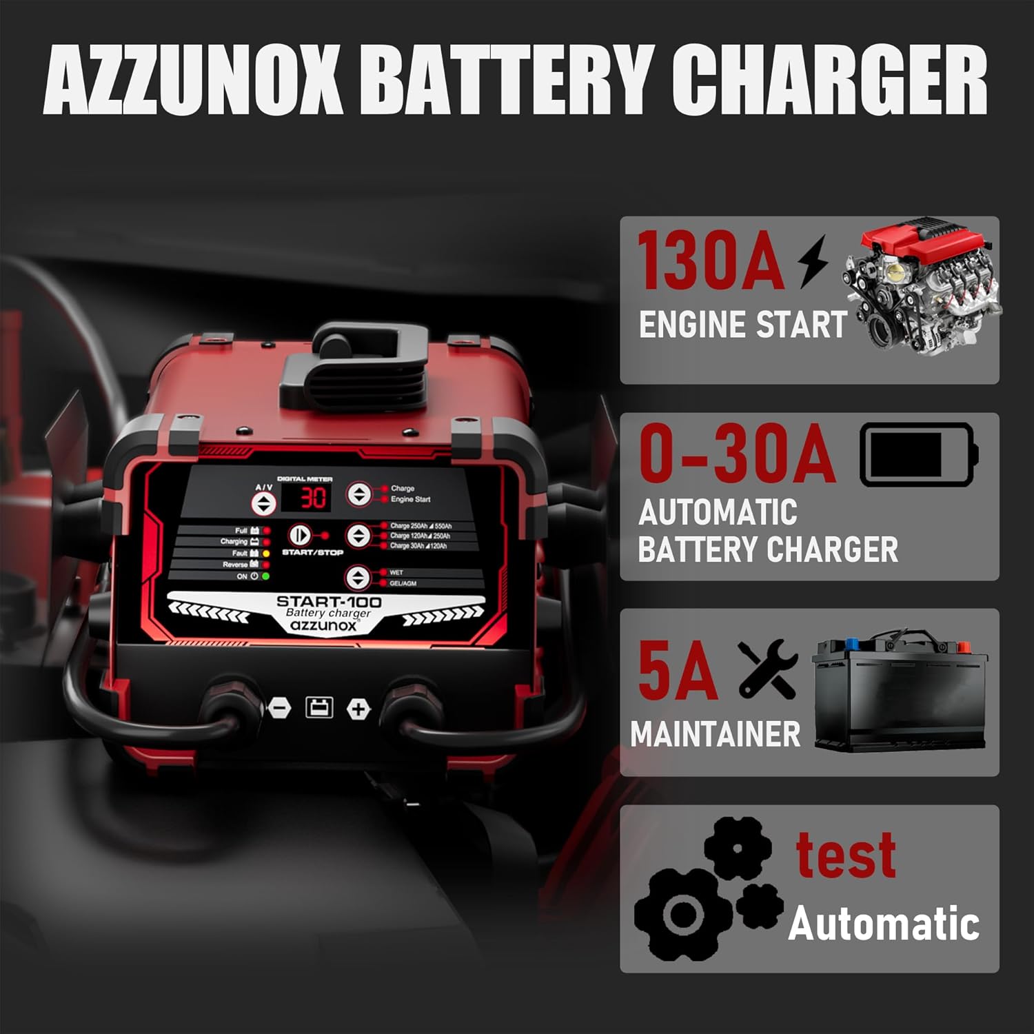 Thumbnail 2 de AZZUNOX 12V/24V Car Battery Charger & Engine Starter with 130 Cranking Amps