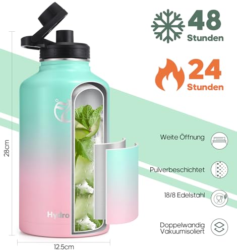 Detalle de HydroPal 1.9L Edelstahl Isolierflasche mit Strohhalm – zwei Deckel, große Kapazität