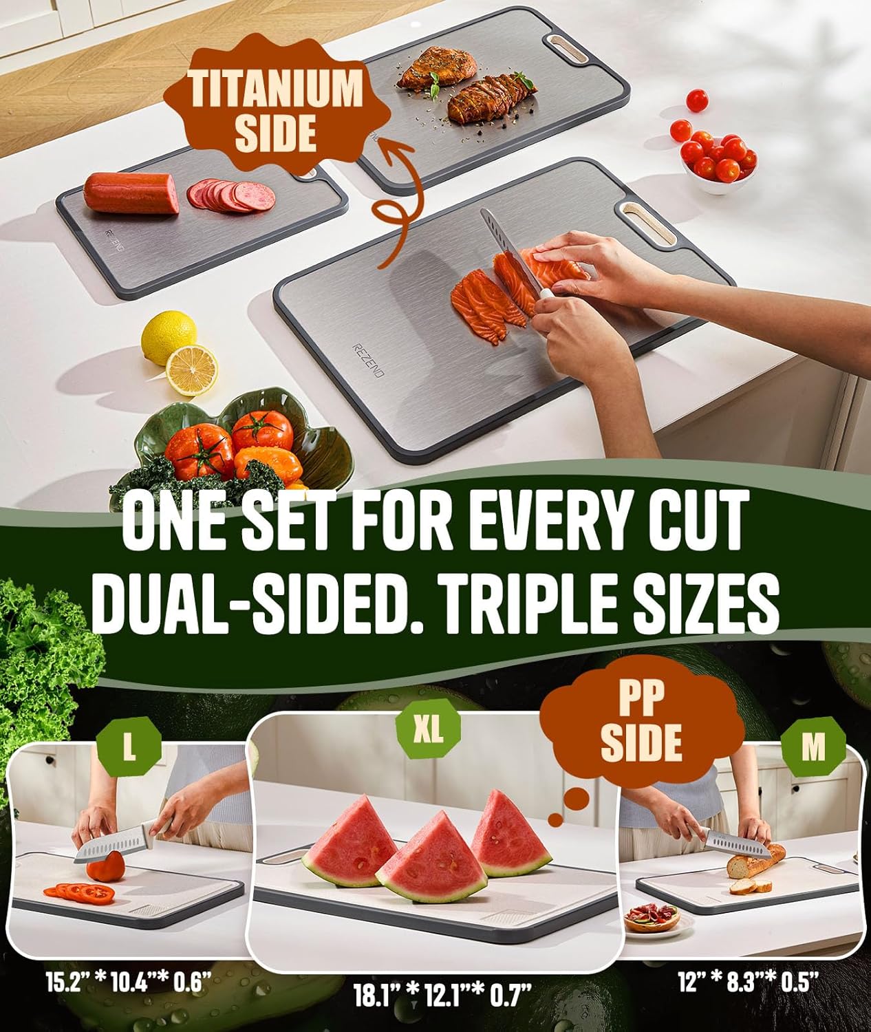 Thumbnail 1 de REZEND Titanium Cutting Board Set of 3: Dual-Sided, Knife-Friendly, Hygienic Prep Surfaces